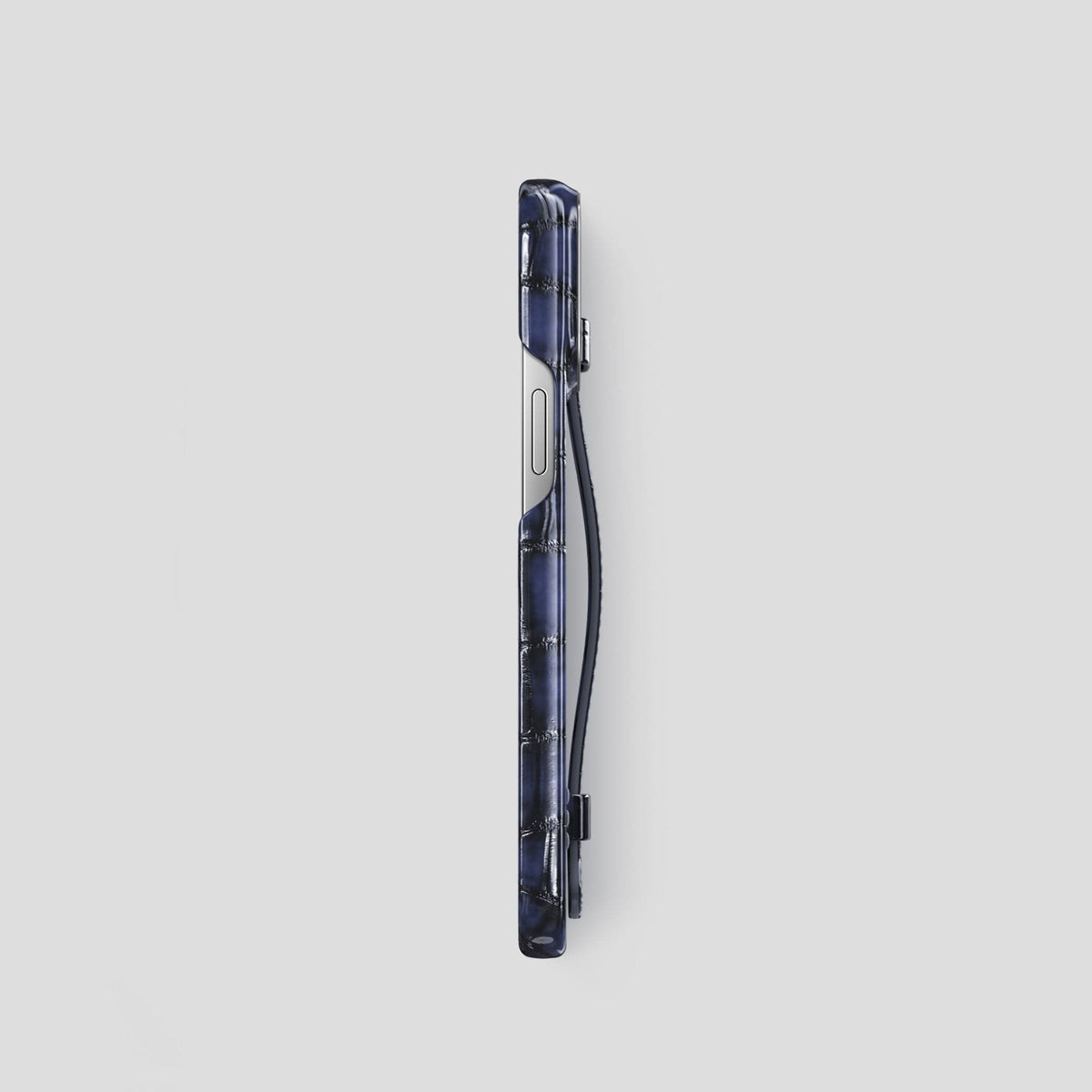 Havana-Blue iPhone 14 Pro Strap Case Patina Alligator with Steel Metal -3 | Havana-Blue-Steel