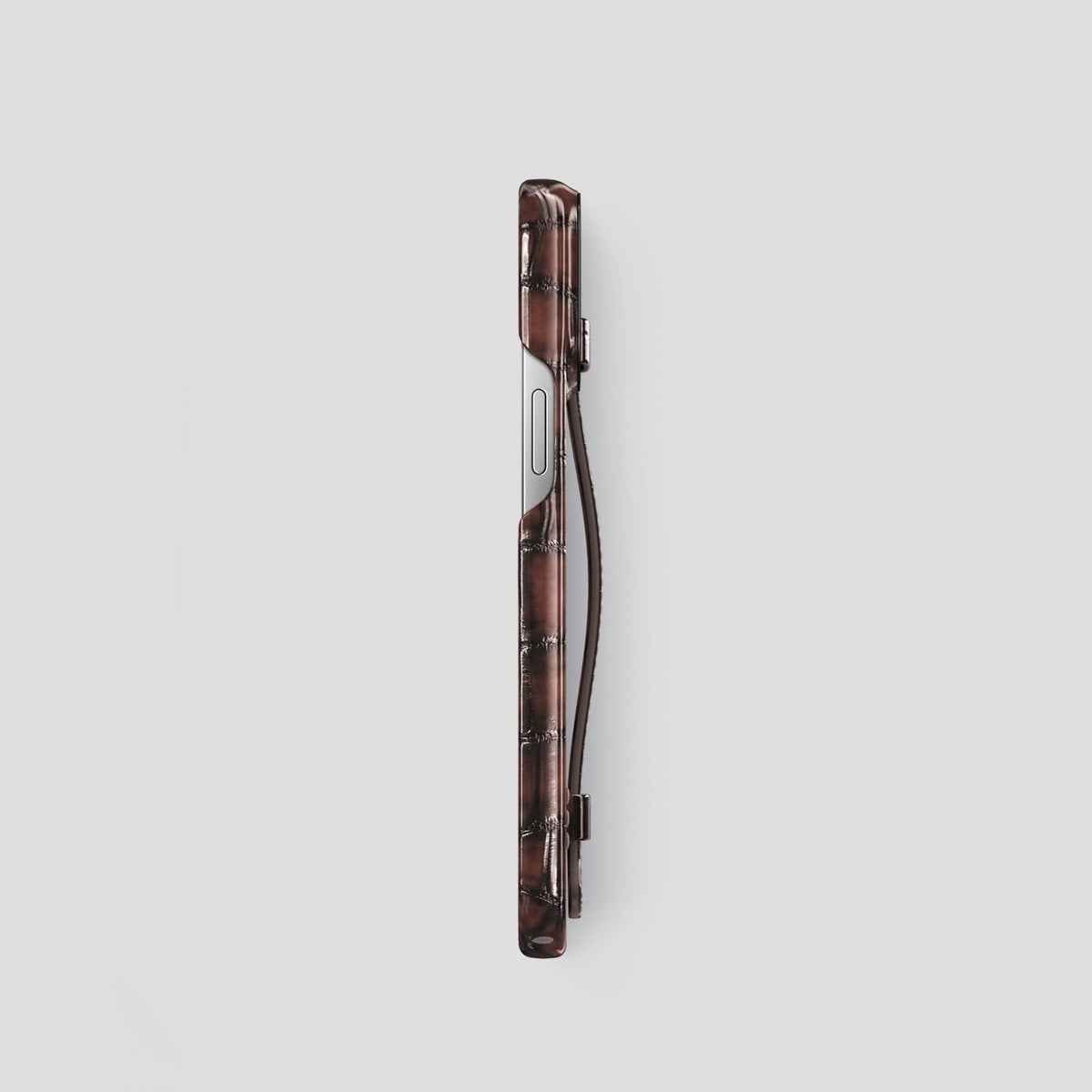 Havana-Brown iPhone 14 Pro Strap Case Patina Alligator with Black Metal -3 | Havana-Brown-Black