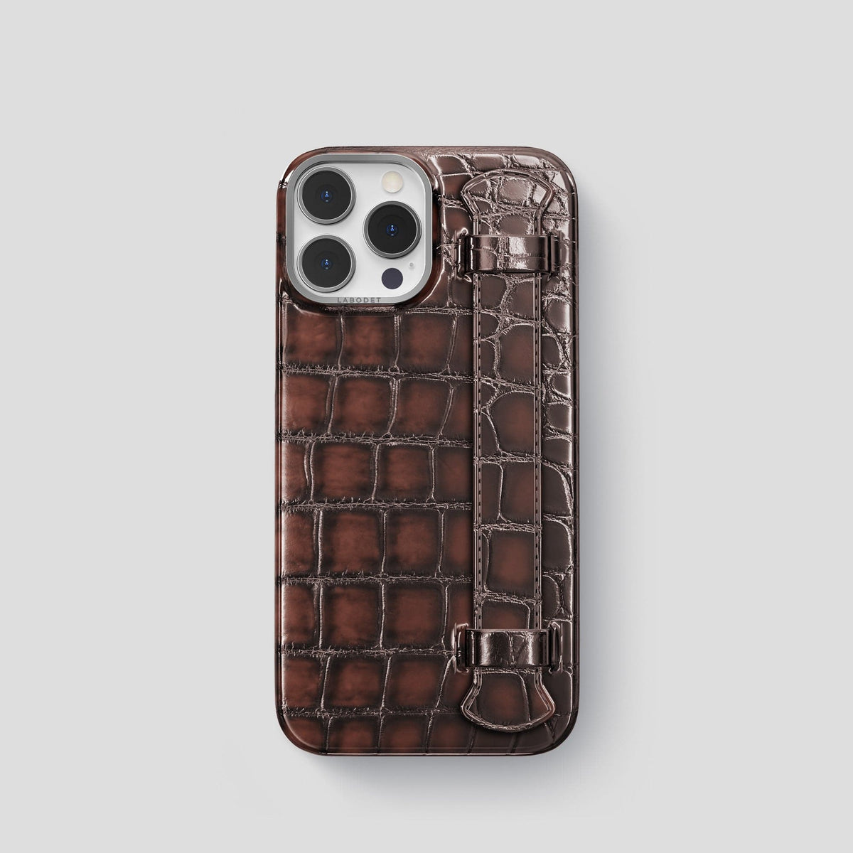 Havana-Brown iPhone 14 Pro Strap Case Patina Alligator with Steel Metal -1 | Havana-Brown-Steel