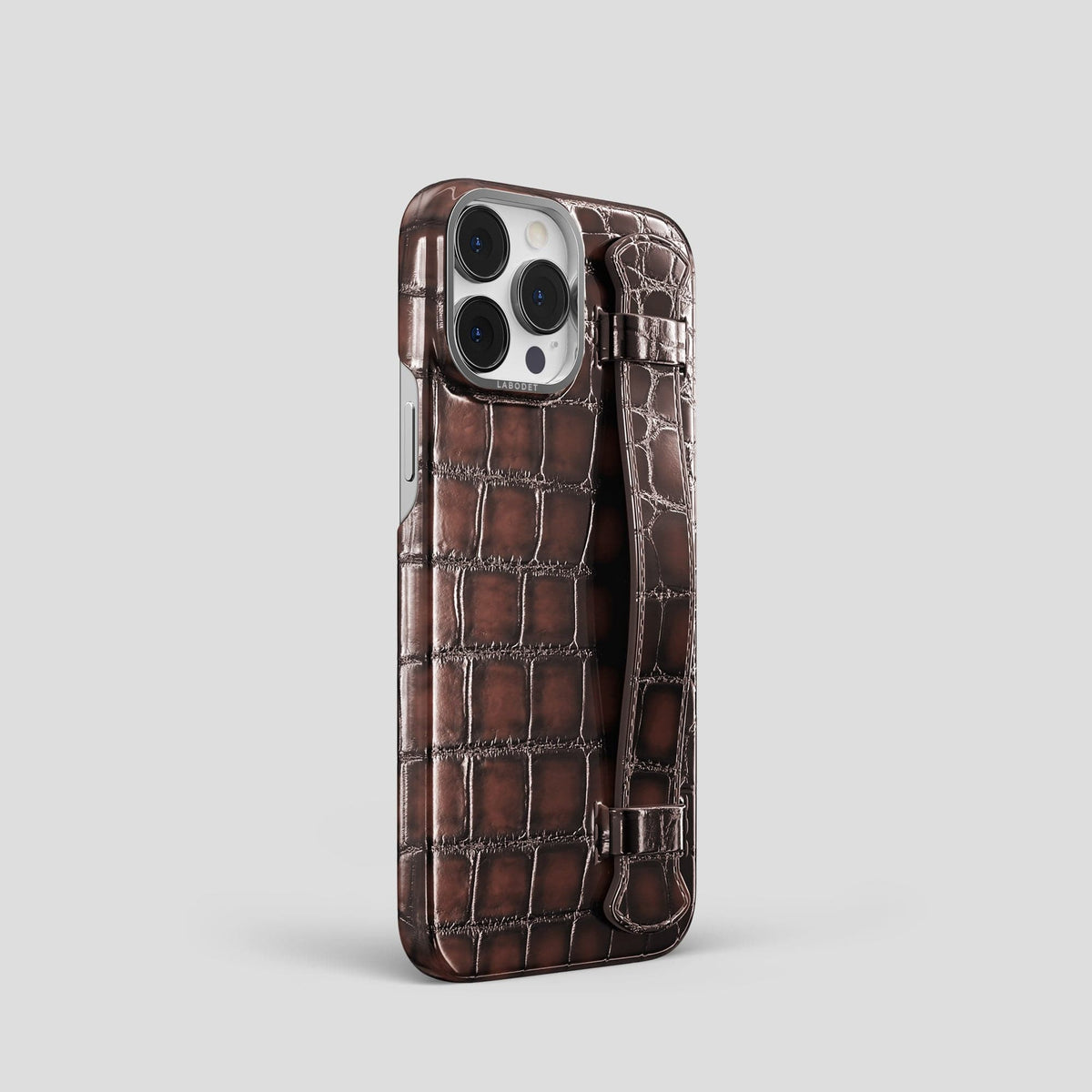 Havana-Brown iPhone 14 Pro Strap Case Patina Alligator with Steel Metal -2 | Havana-Brown-Steel
