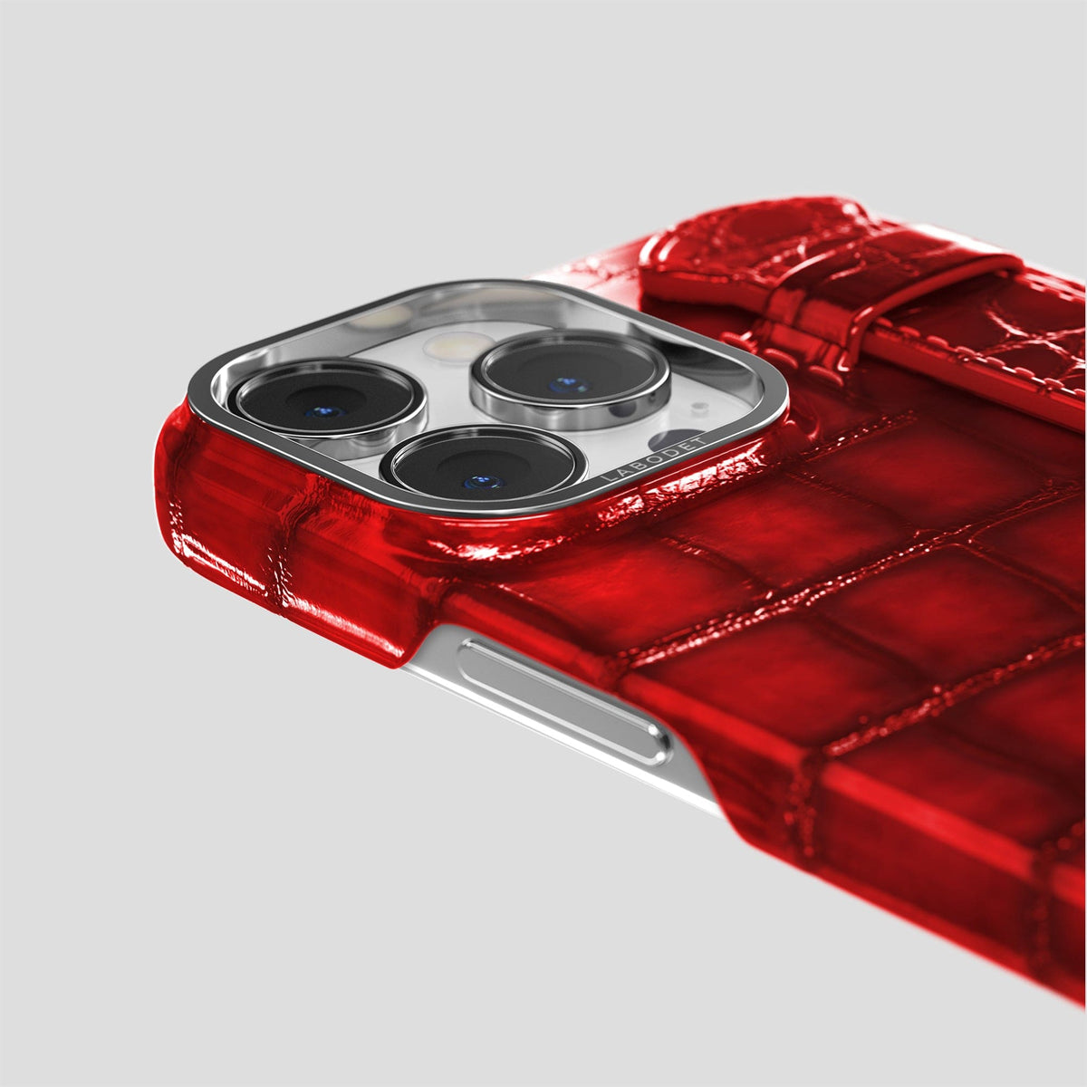 Burgundy iPhone 14 Pro Strap Case Patina Alligator with Steel Metal -6 | Burgundy-Steel