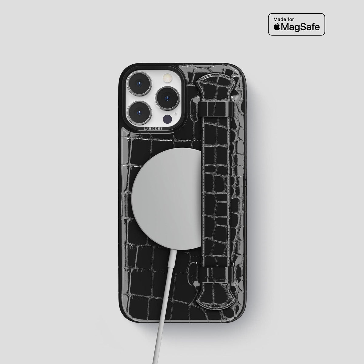 Black iPhone 14 Pro Max Strap Case Shiny Alligator with Black Metal -5 | Black-Black