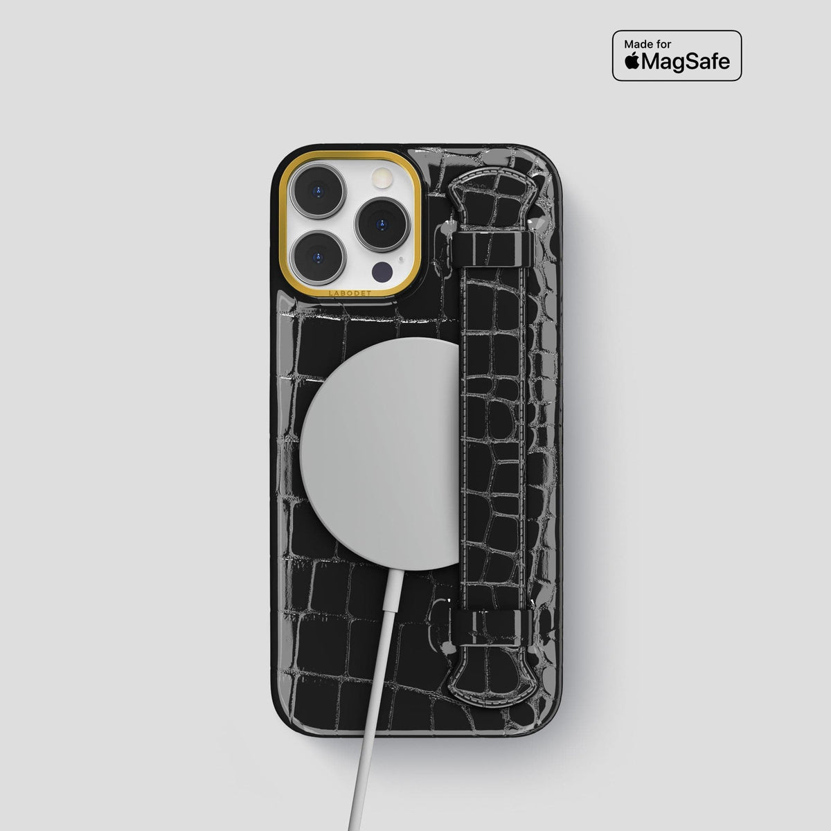 Black iPhone 14 Pro Max Strap Case Shiny Alligator with Gold Metal -5 | Black-Gold