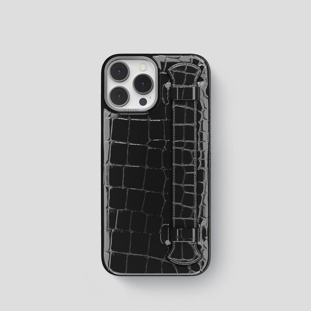 Black iPhone 14 Pro Max Strap Case Shiny Alligator with Steel Metal -1 | Black-Steel