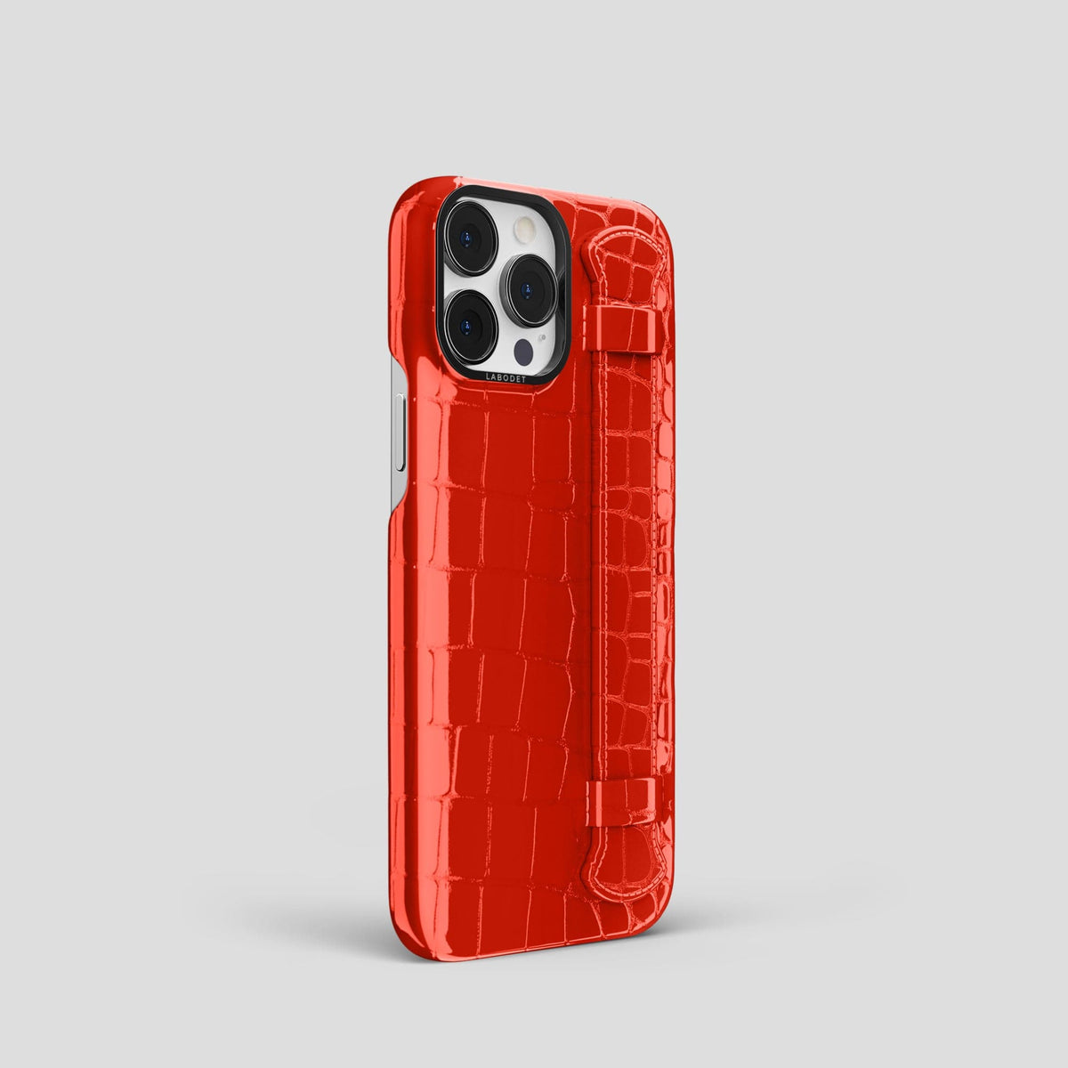 Coral Orange iPhone 14 Pro Max Strap Case Shiny Alligator with Black Metal -2 | Coral-Orange-Black