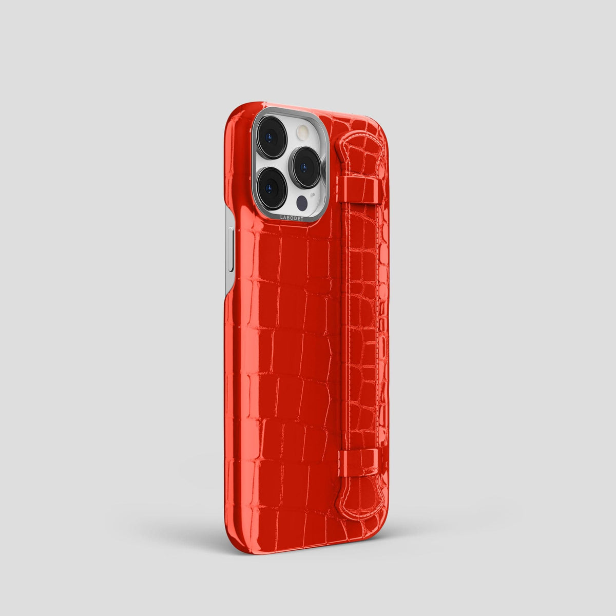 Coral Orange iPhone 14 Pro Max Strap Case Shiny Alligator with Steel Metal -2 | Coral-Orange-Steel