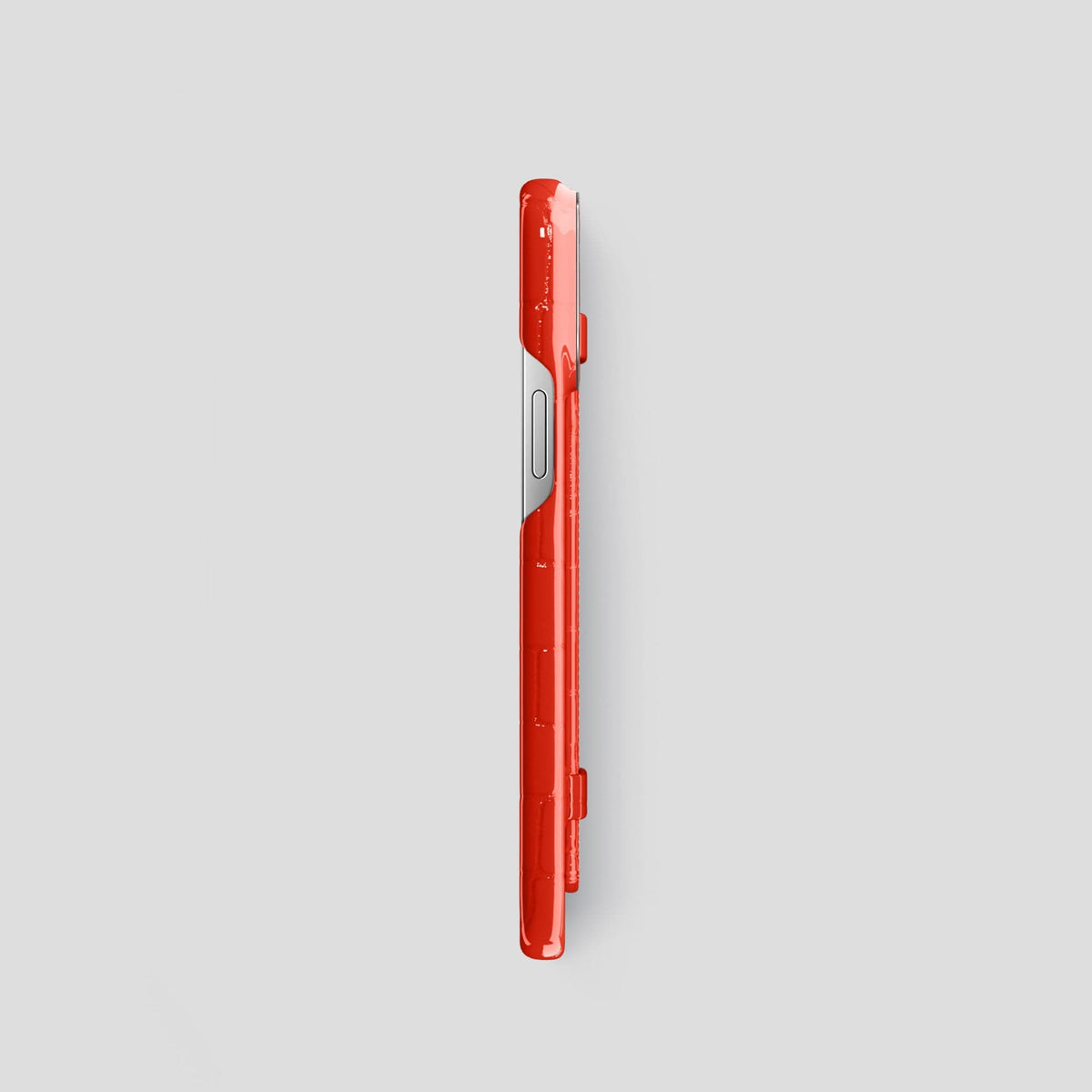 Coral Orange iPhone 14 Pro Max Strap Case Shiny Alligator with Steel Metal -3 | Coral-Orange-Steel