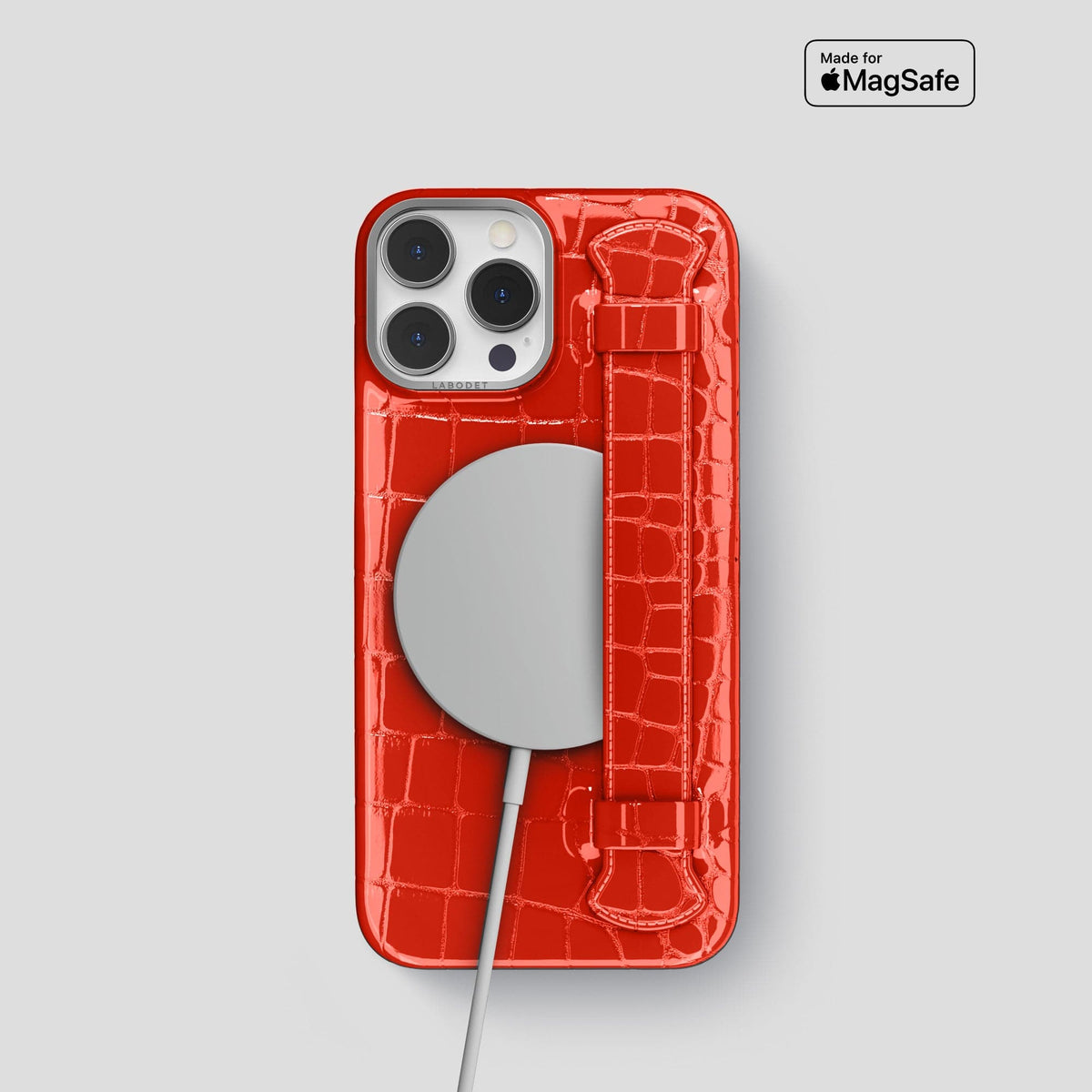 Coral Orange iPhone 14 Pro Max Strap Case Shiny Alligator with Steel Metal -5 | Coral-Orange-Steel