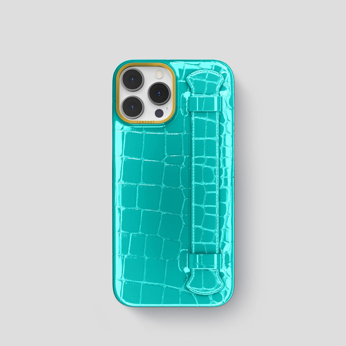 Mint iPhone 14 Pro Max Strap Case Shiny Alligator with Gold Metal -1 | Mint-Gold