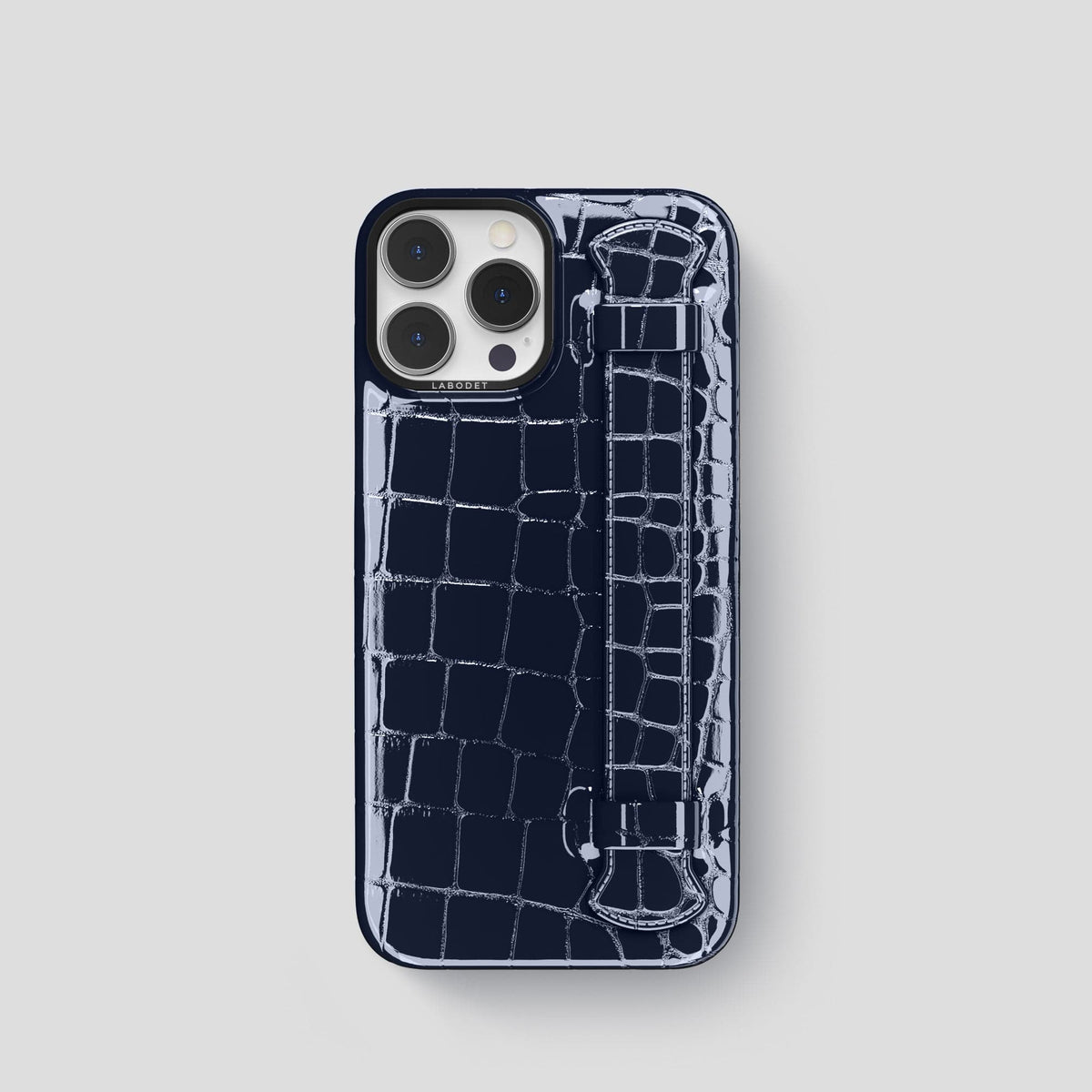 Navy-Blue iPhone 14 Pro Max Strap Case Shiny Alligator with Black Metal -1 | Navy-Blue-Black