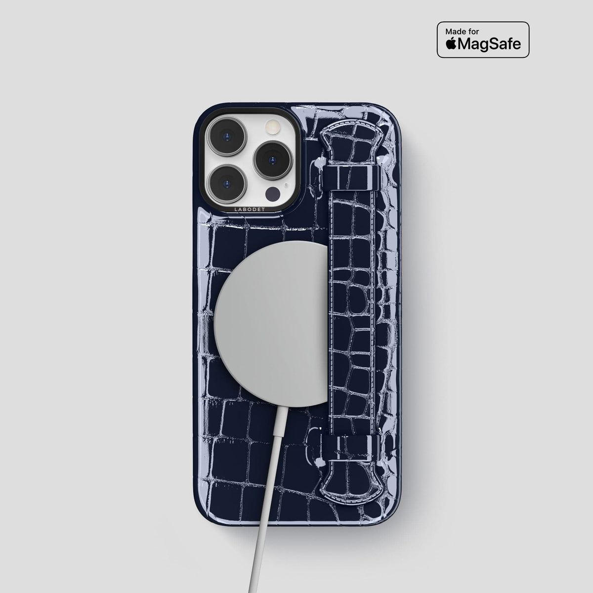 Navy-Blue iPhone 14 Pro Max Strap Case Shiny Alligator with Black Metal -5 | Navy-Blue-Black