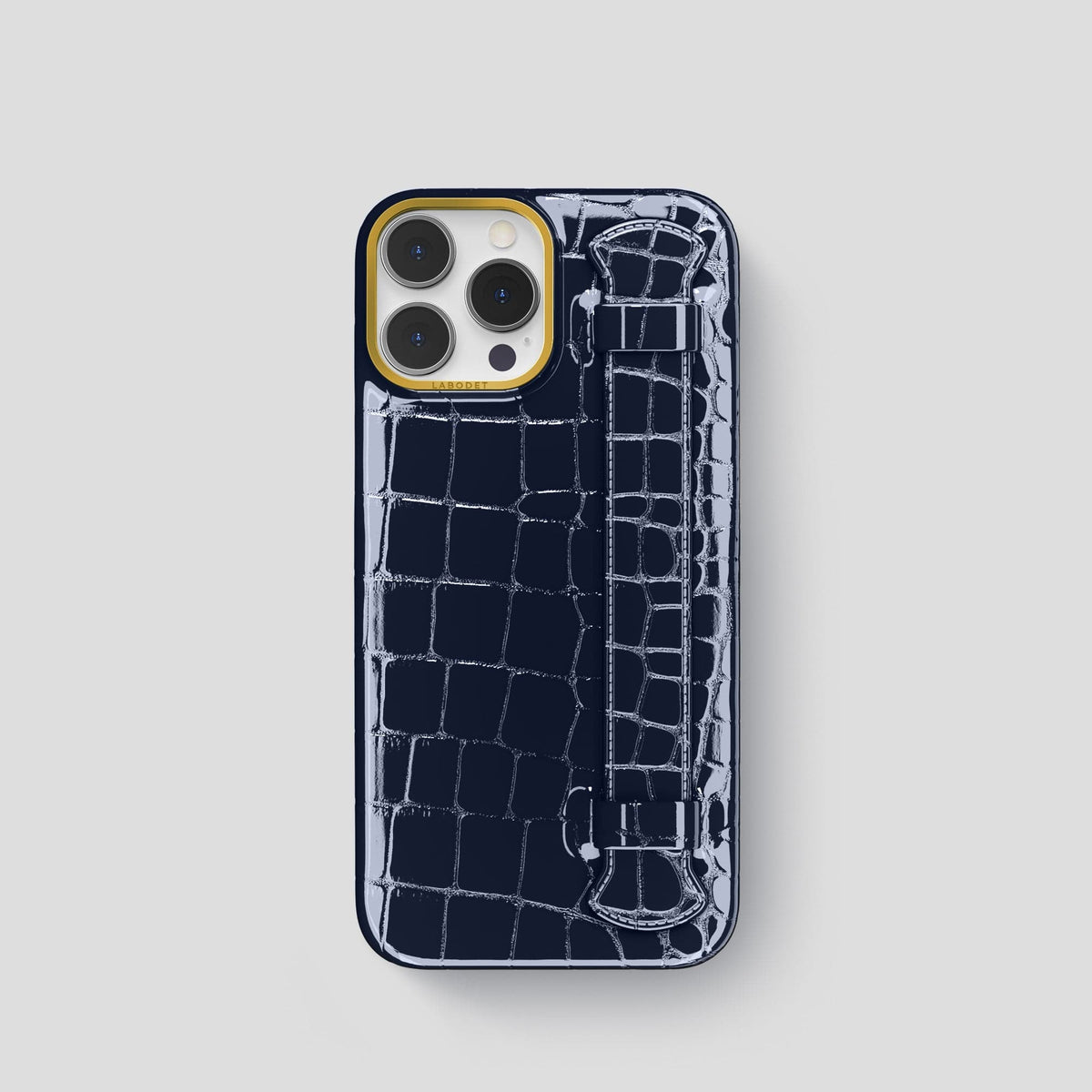 Navy-Blue iPhone 14 Pro Max Strap Case Shiny Alligator with Gold Metal -1 | Navy-Blue-Gold