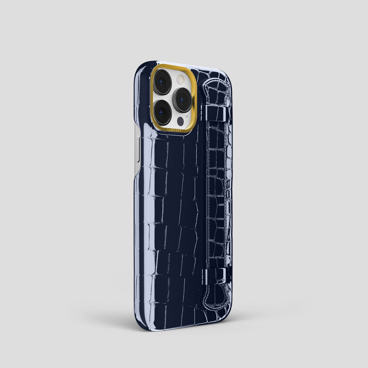 Navy-Blue iPhone 14 Pro Max Strap Case Shiny Alligator with Gold Metal -2 | Navy-Blue-Gold