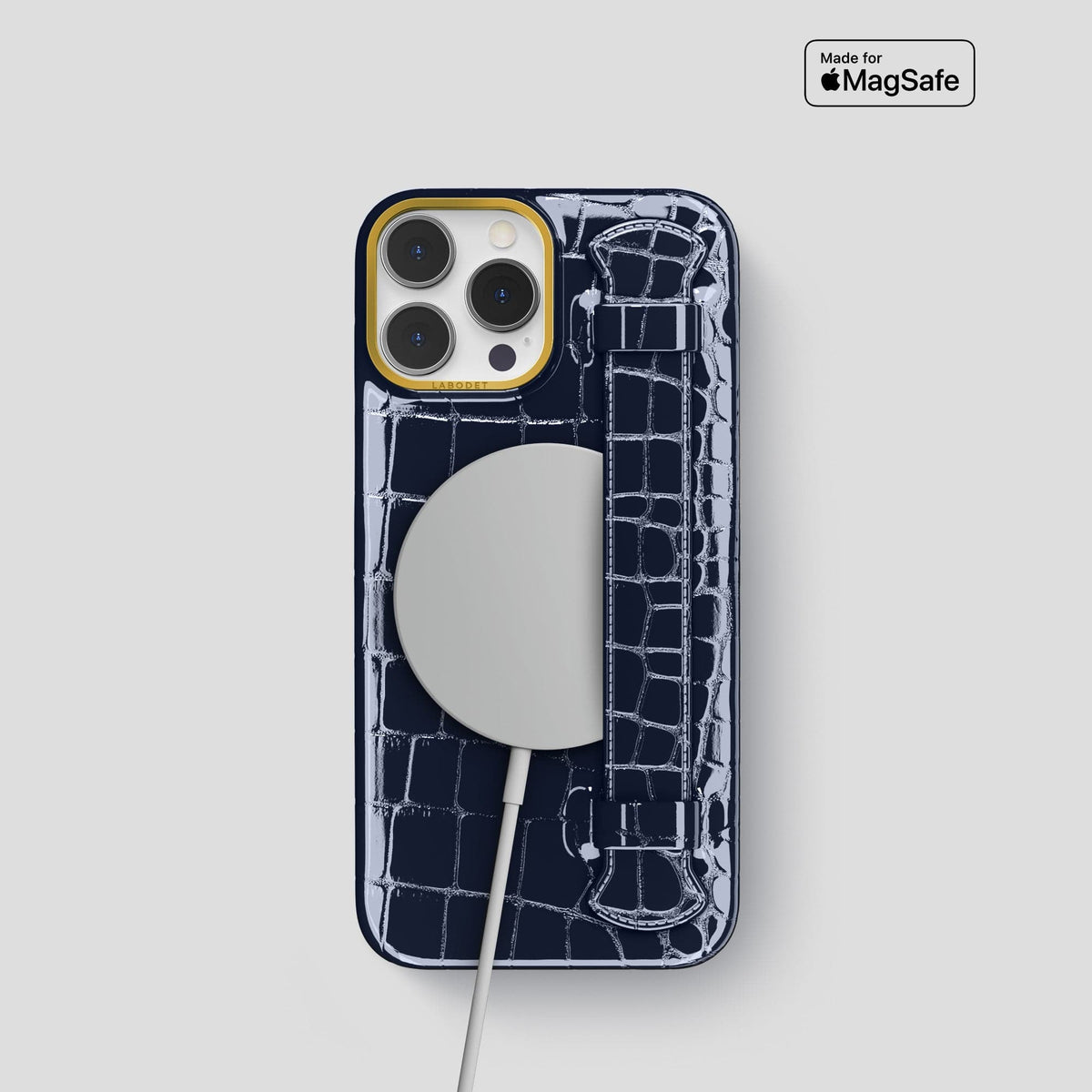 Navy-Blue iPhone 14 Pro Max Strap Case Shiny Alligator with Gold Metal -5 | Navy-Blue-Gold