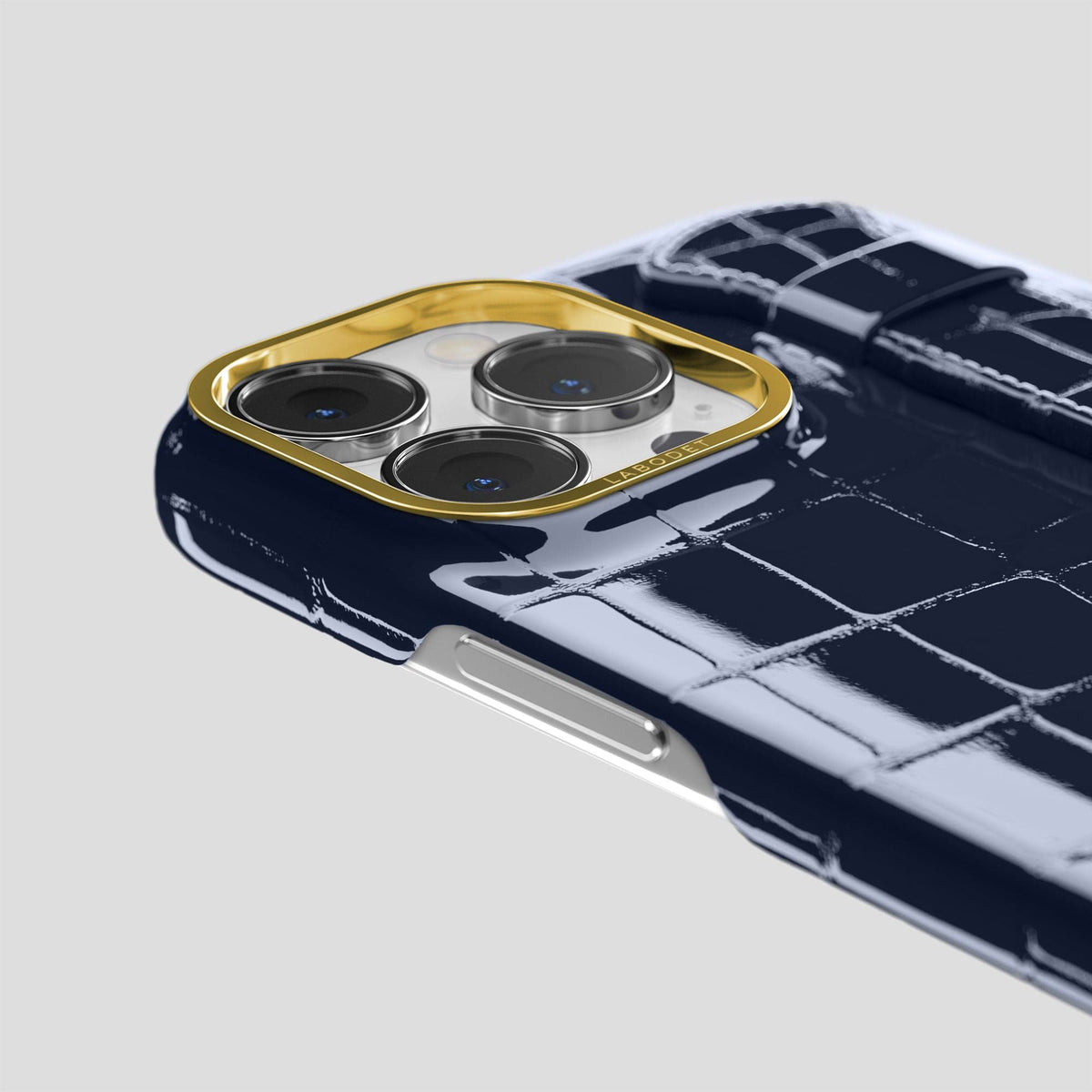Navy-Blue iPhone 14 Pro Max Strap Case Shiny Alligator with Gold Metal -6 | Navy-Blue-Gold