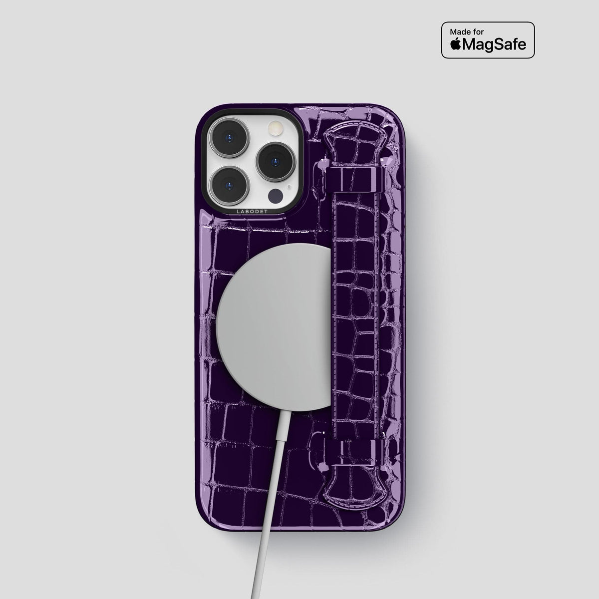 Purple iPhone 14 Pro Max Strap Case Shiny Alligator with Black Metal -5 | Purple-Black