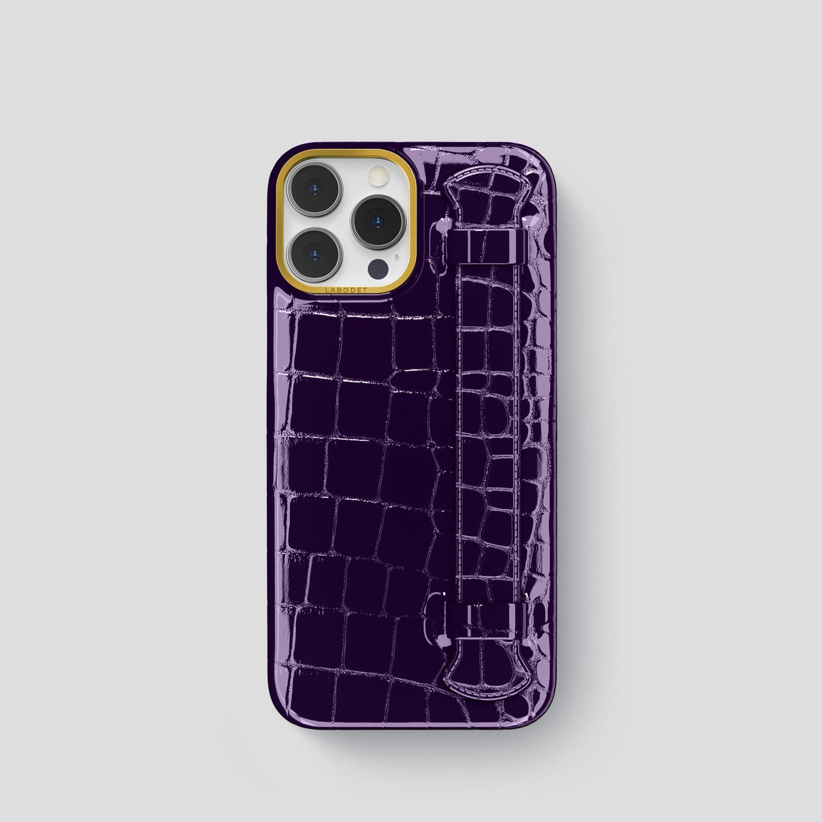 Purple iPhone 14 Pro Max Strap Case Shiny Alligator with Gold Metal -1 | Purple-Gold