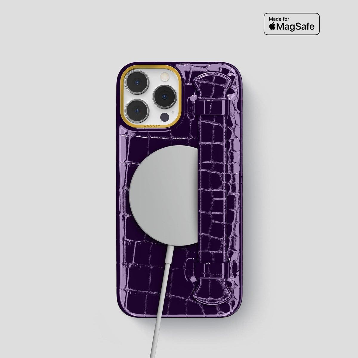 Purple iPhone 14 Pro Max Strap Case Shiny Alligator with Gold Metal -5 | Purple-Gold