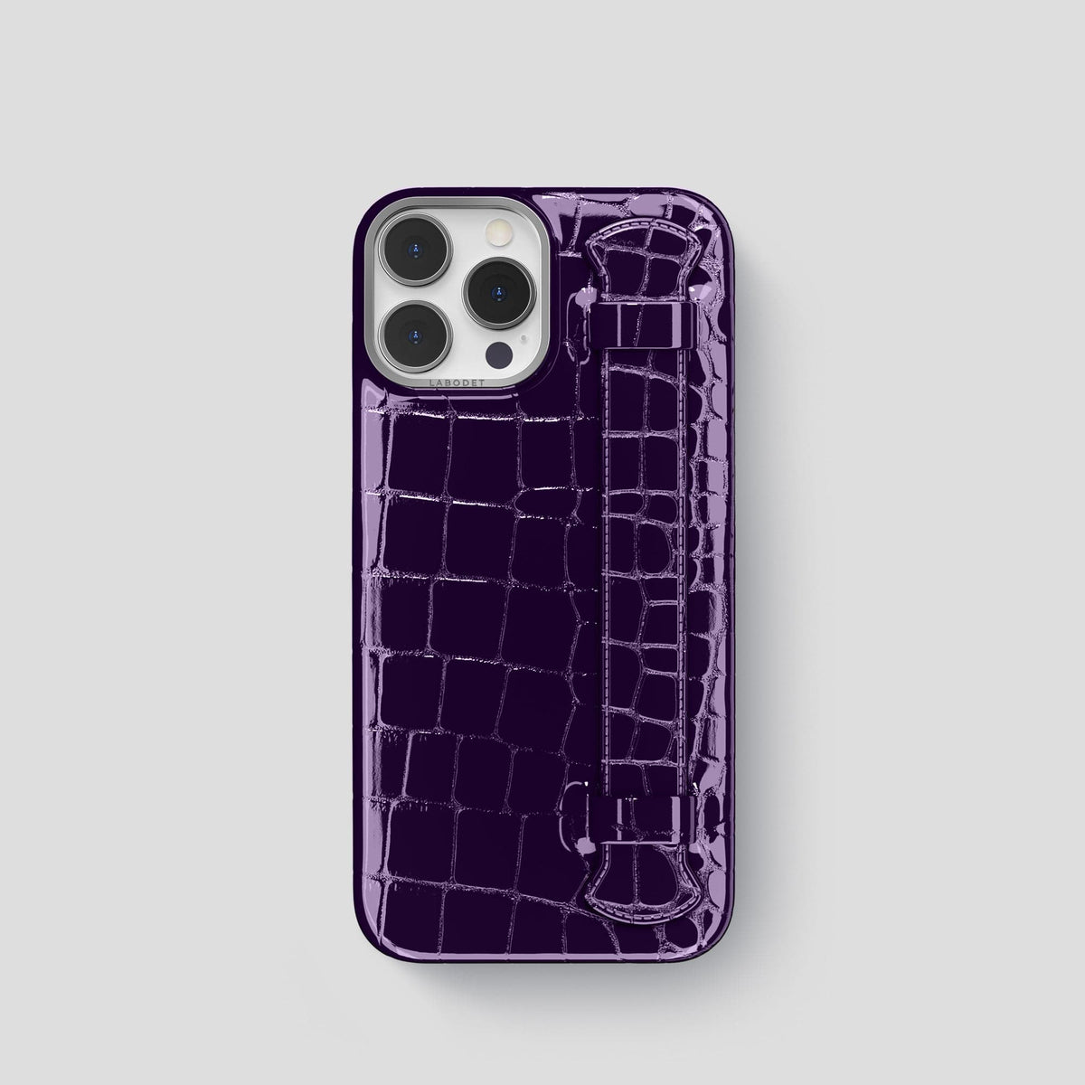 Purple iPhone 14 Pro Max Strap Case Shiny Alligator with Steel Metal -1 | Purple-Steel