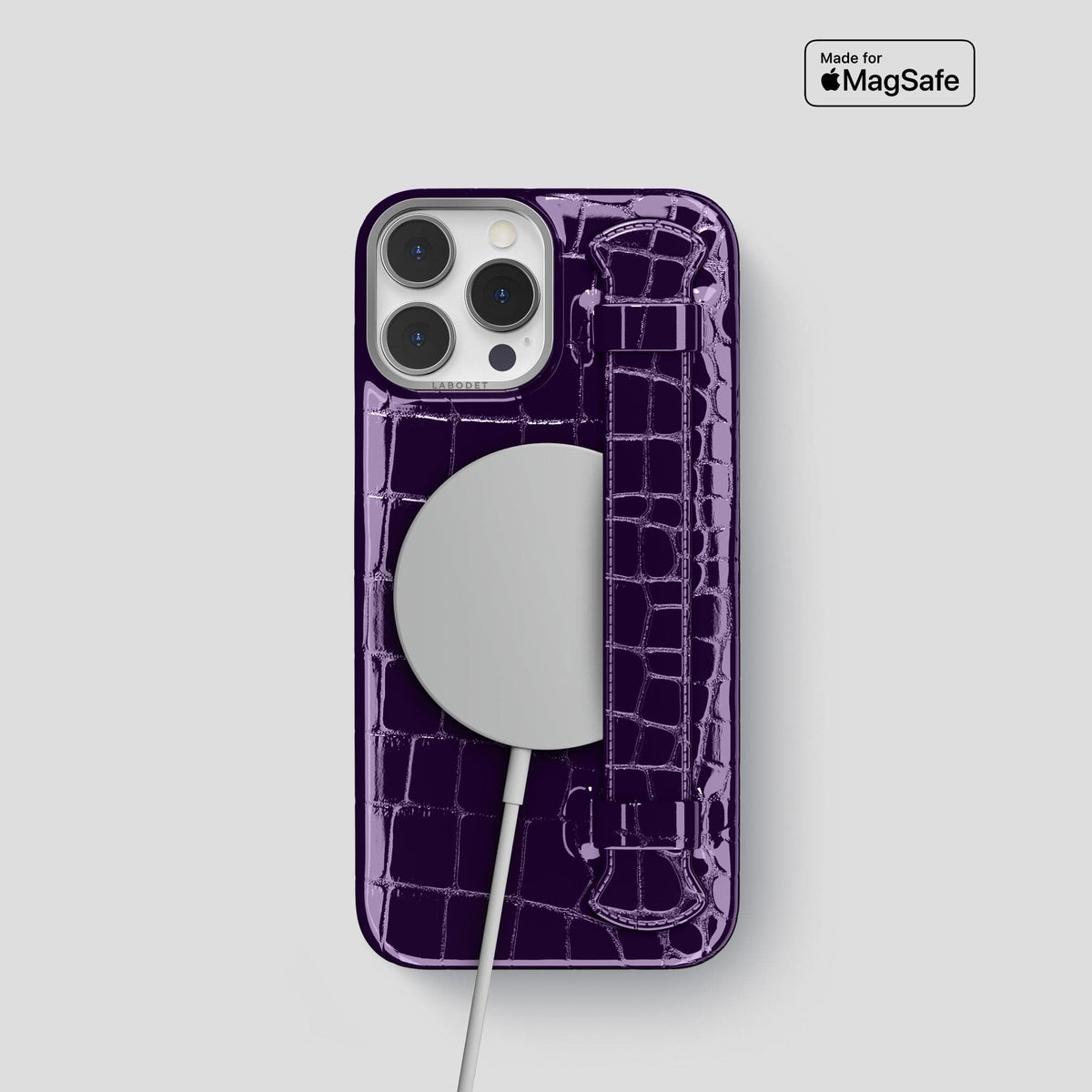 Purple iPhone 14 Pro Max Strap Case Shiny Alligator with Steel Metal -5 | Purple-Steel