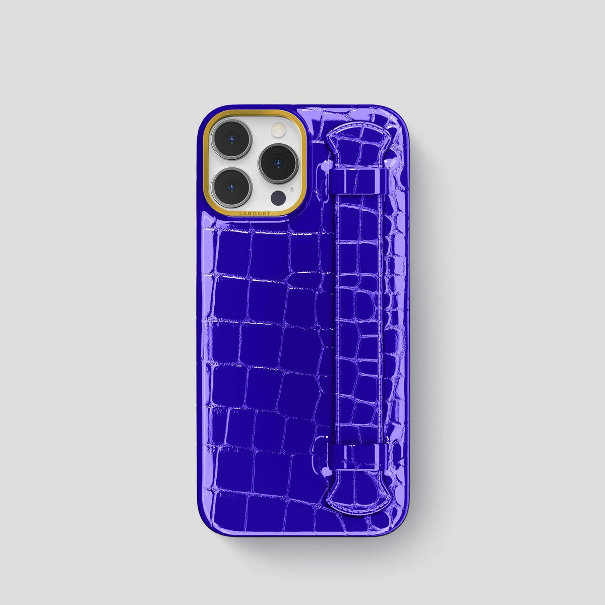 Royal Blue iPhone 14 Pro Max Strap Case Shiny Alligator with Gold Metal -1 | Royal-Blue-Gold