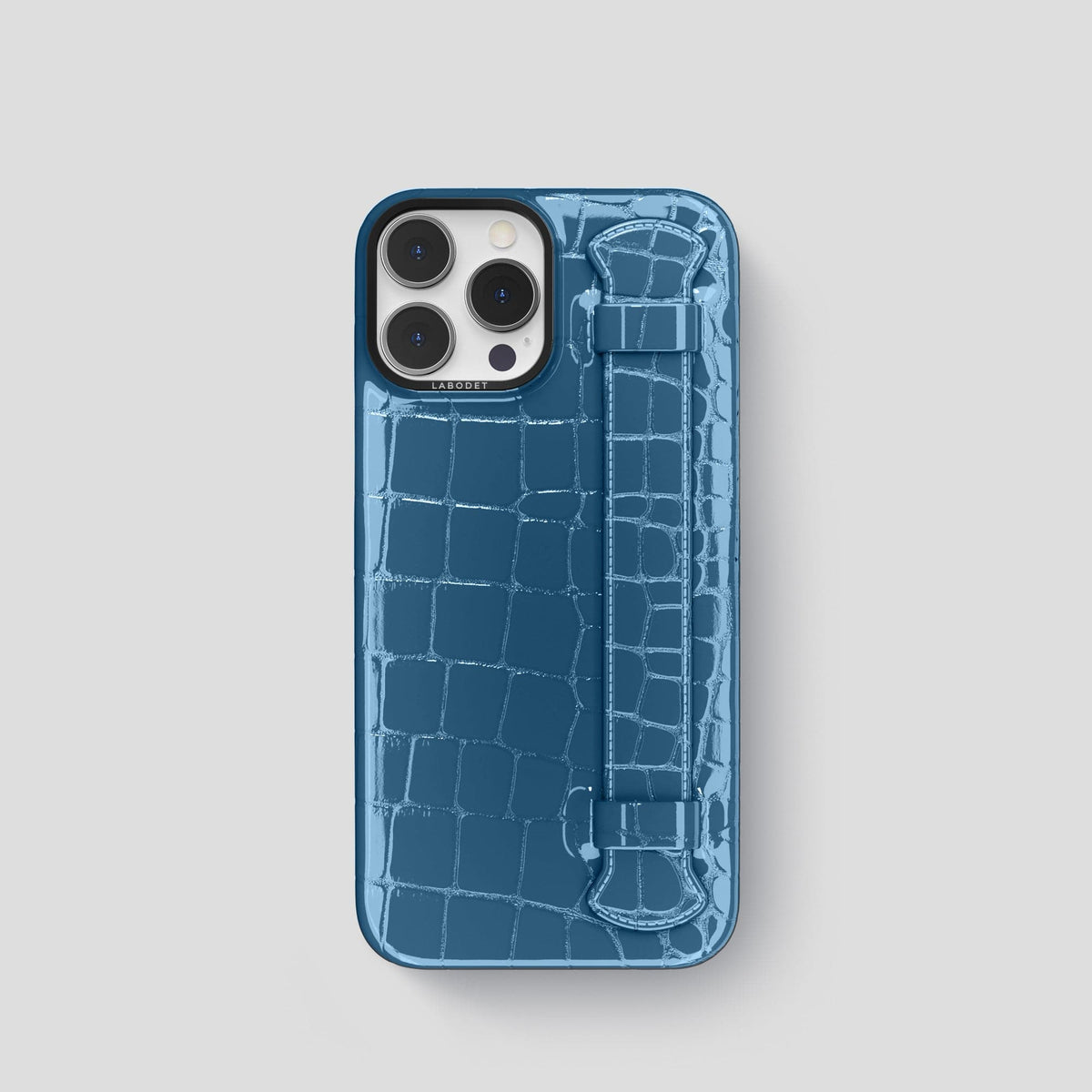 Turquoise-Blue iPhone 14 Pro Max Strap Case Shiny Alligator with Black Metal -1 | Turqoise-Blue-Black