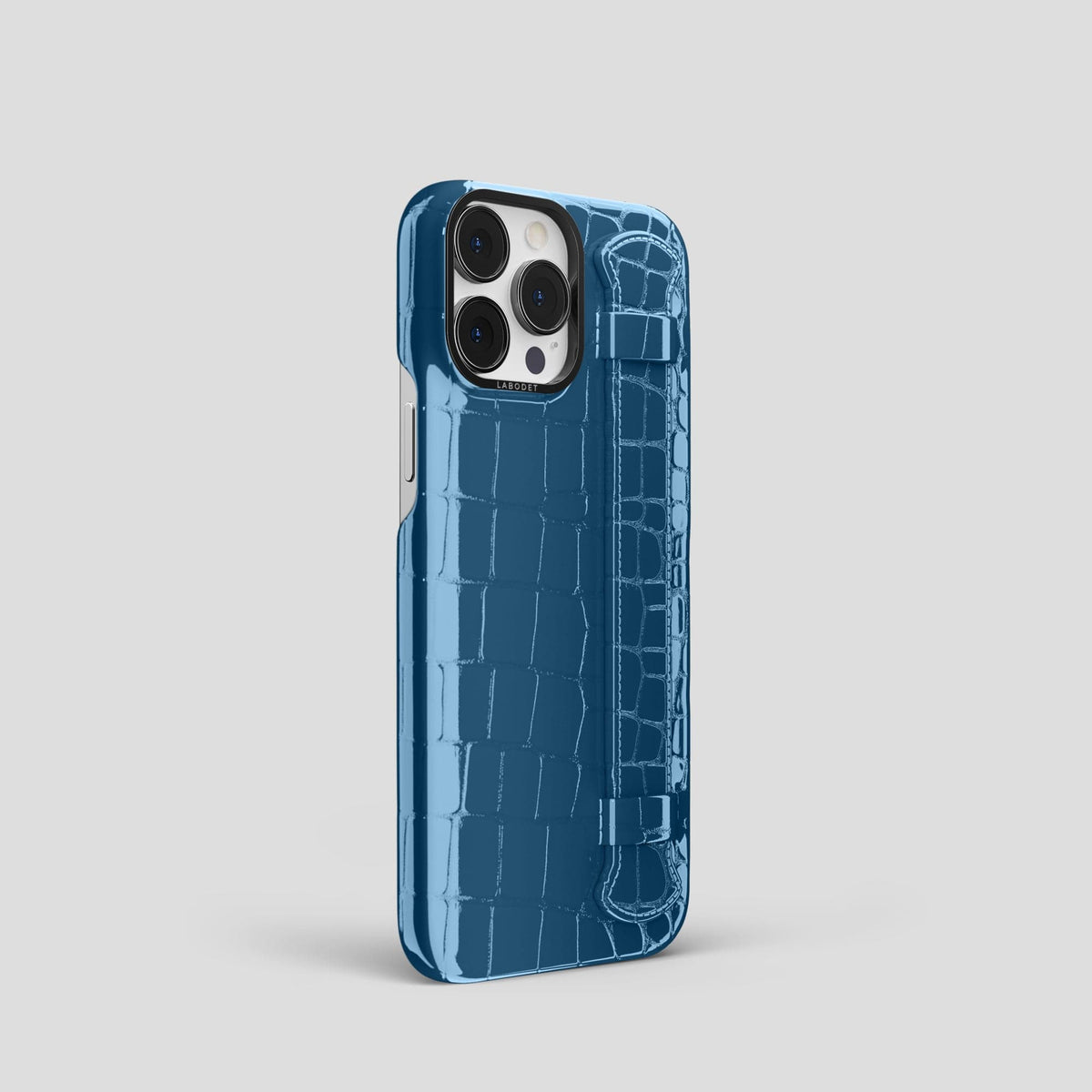 Turquoise-Blue iPhone 14 Pro Max Strap Case Shiny Alligator with Black Metal -2 | Turqoise-Blue-Black