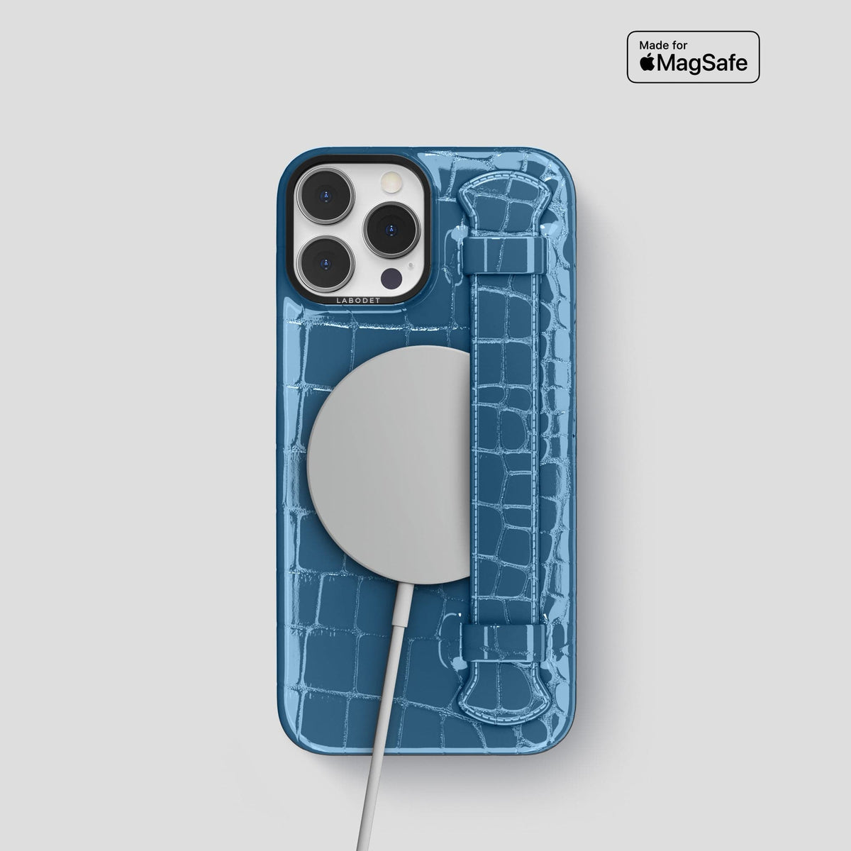 Turquoise-Blue iPhone 14 Pro Max Strap Case Shiny Alligator with Black Metal -5 | Turqoise-Blue-Black