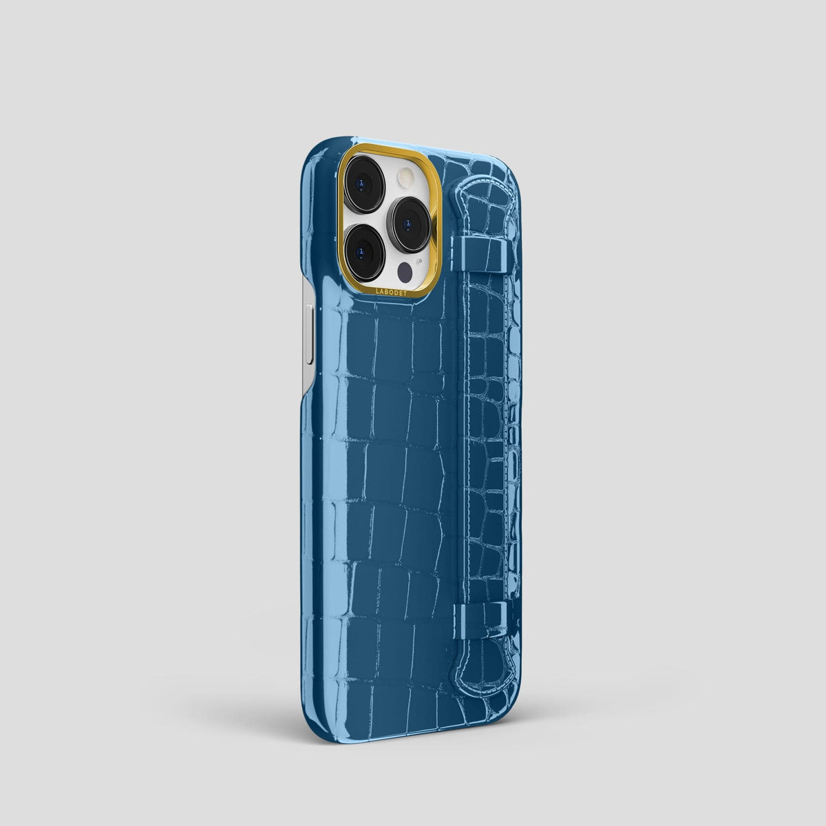 Turquoise-Blue iPhone 14 Pro Max Strap Case Shiny Alligator with Gold Metal -2 | Turqoise-Blue-Gold