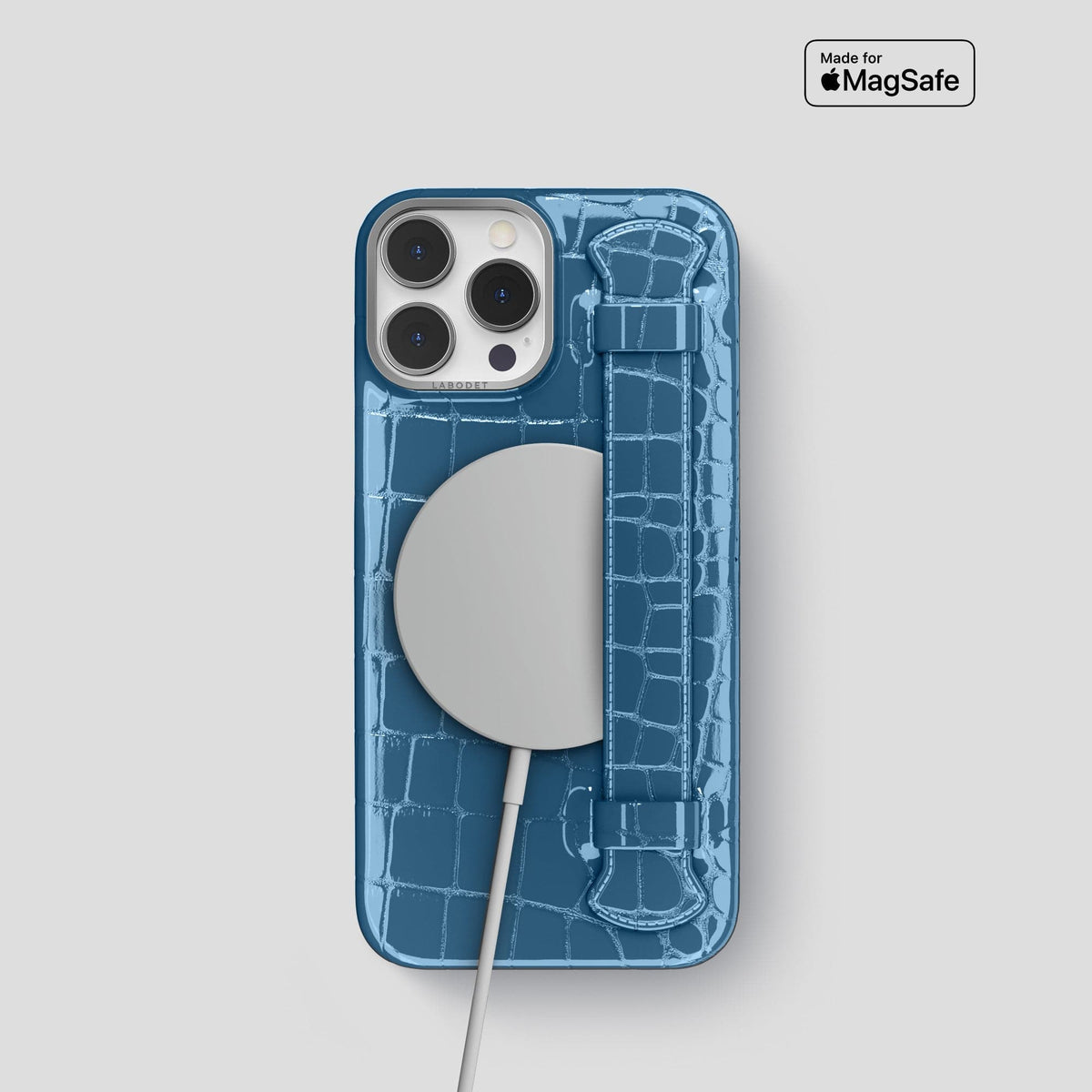 Turquoise-Blue iPhone 14 Pro Max Strap Case Shiny Alligator with Steel Metal -5 | Turqoise-Blue-Steel