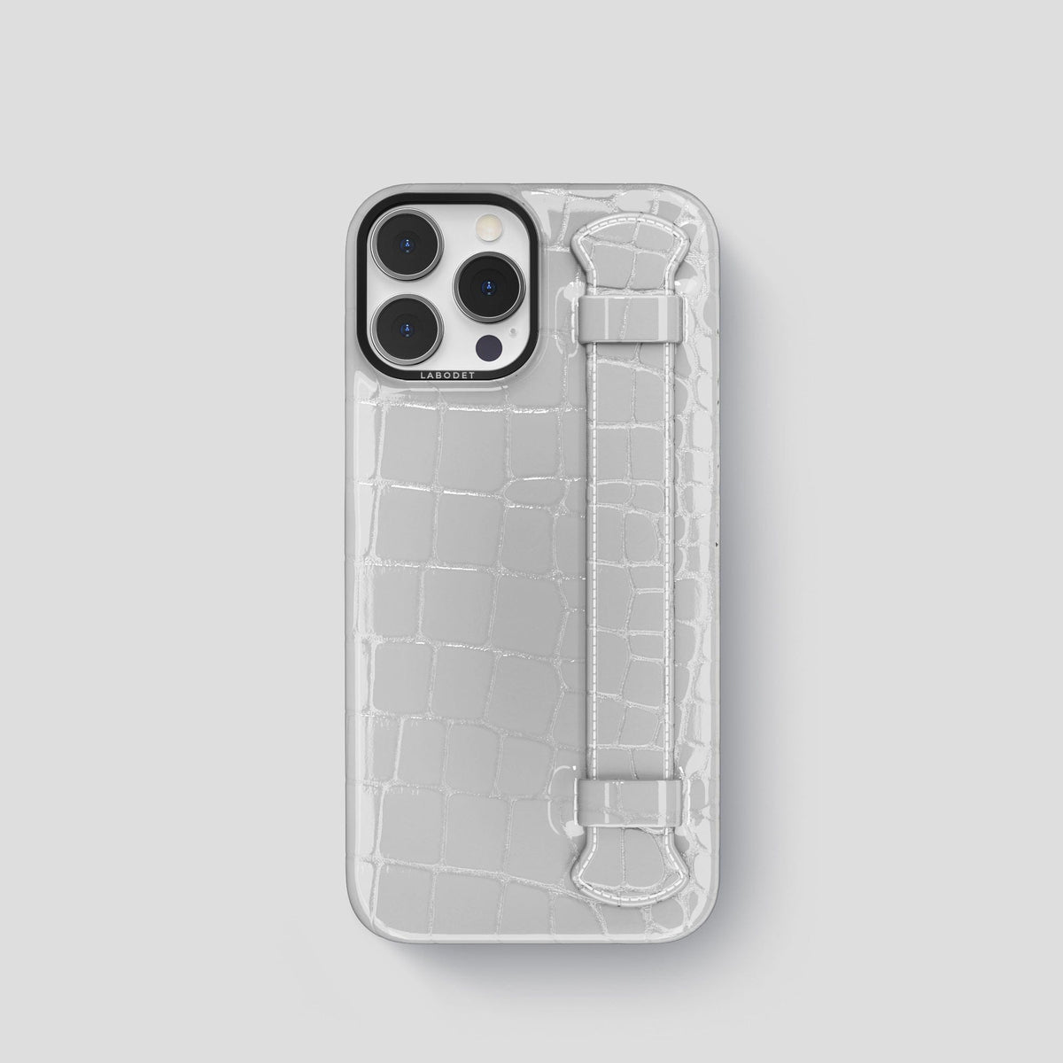 White iPhone 14 Pro Max Strap Case Shiny Alligator with Black Metal -1 | White-Black