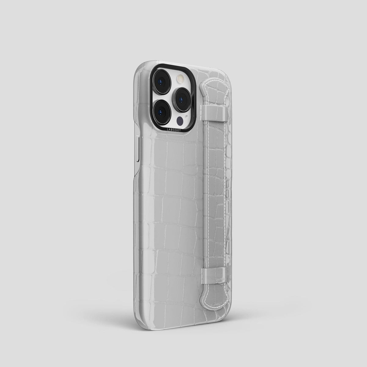 White iPhone 14 Pro Max Strap Case Shiny Alligator with Black Metal -2 | White-Black