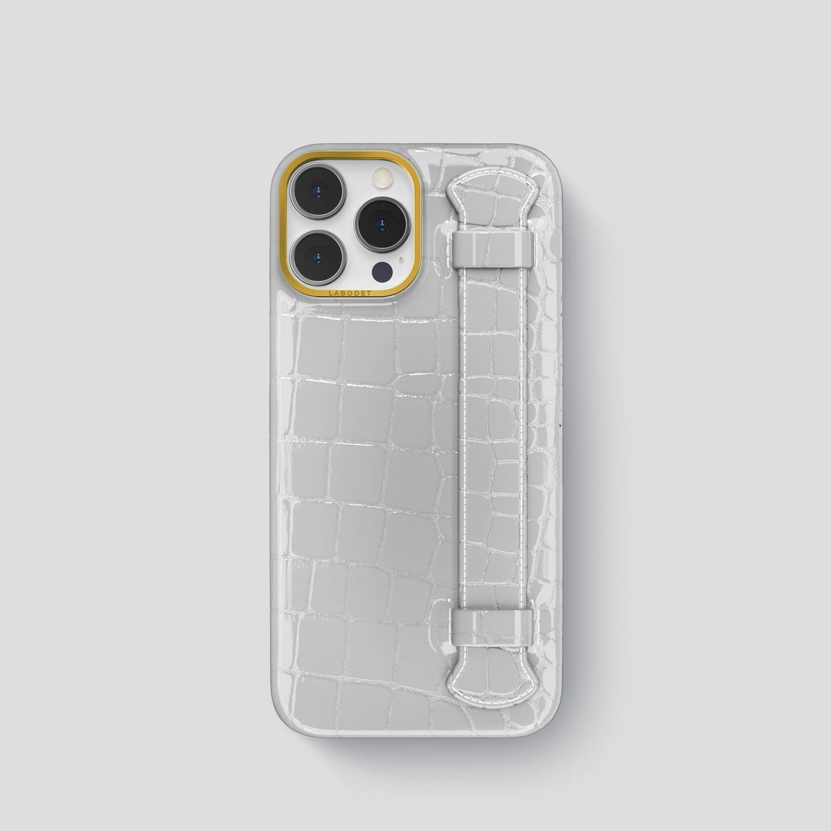 White iPhone 14 Pro Max Strap Case Shiny Alligator with Gold Metal -1 | White-Gold