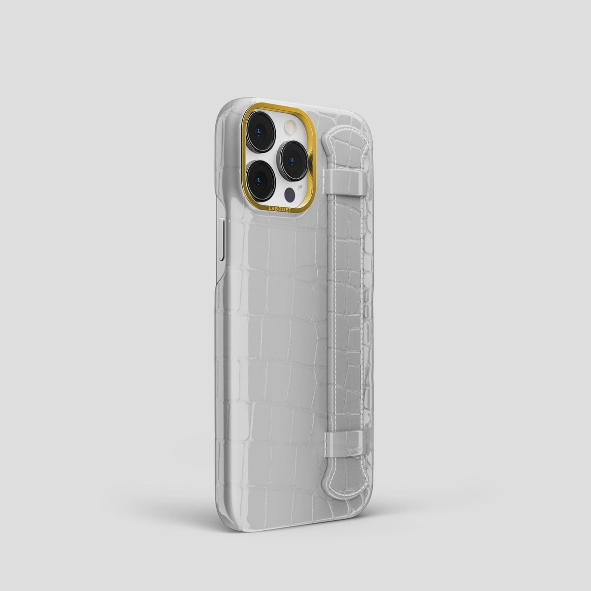 White iPhone 14 Pro Max Strap Case Shiny Alligator with Gold Metal -2 | White-Gold