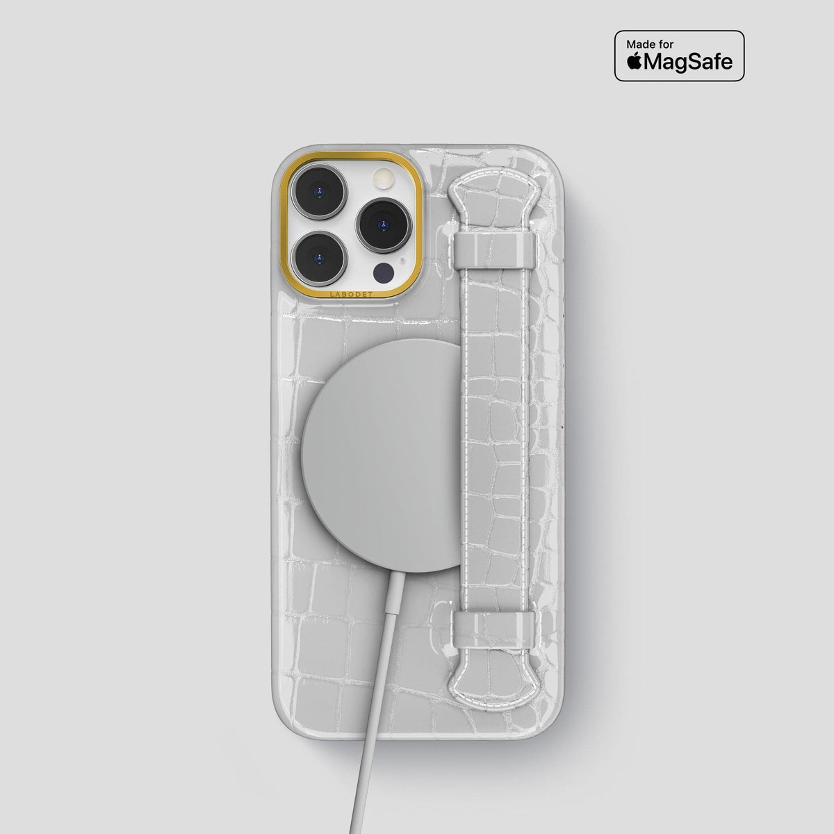 White iPhone 14 Pro Max Strap Case Shiny Alligator with Gold Metal -5 | White-Gold