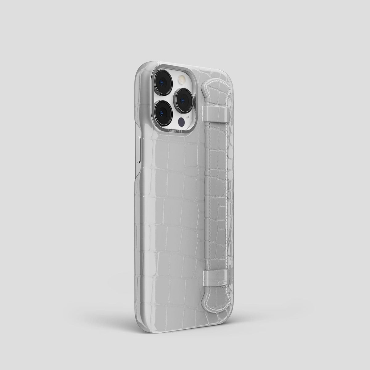 White iPhone 14 Pro Max Strap Case Shiny Alligator with Steel Metal -2 | White-Steel