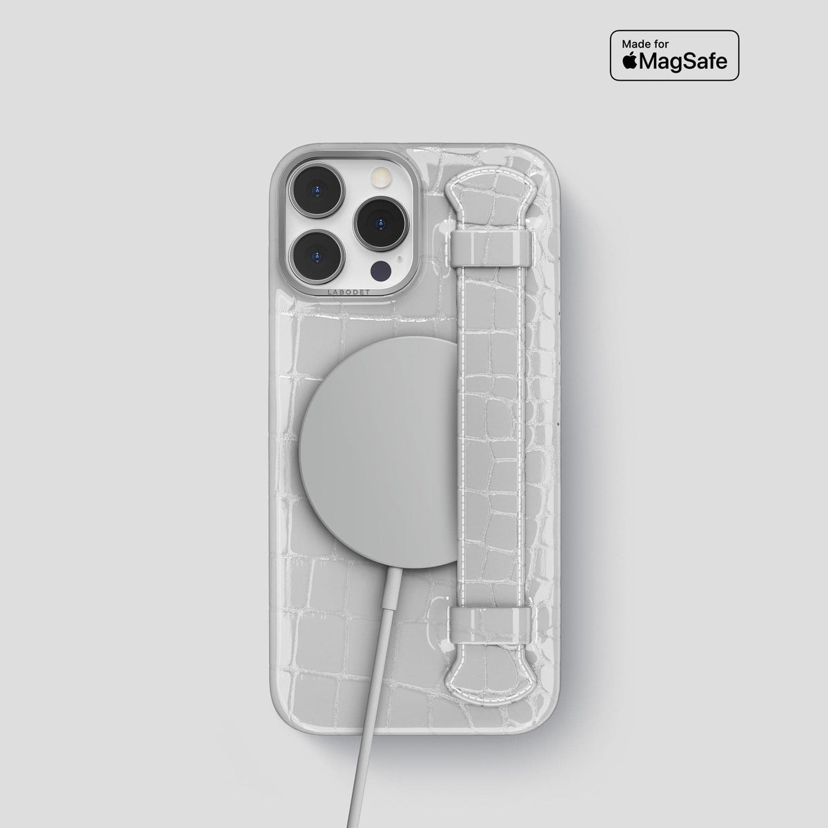White iPhone 14 Pro Max Strap Case Shiny Alligator with Steel Metal -5 | White-Steel