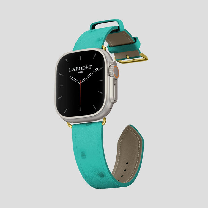 Turquoise Apple Watch 49mm Ultra Classic Strap Ostrich with Gold Metal -3 | Turquoise-Gold