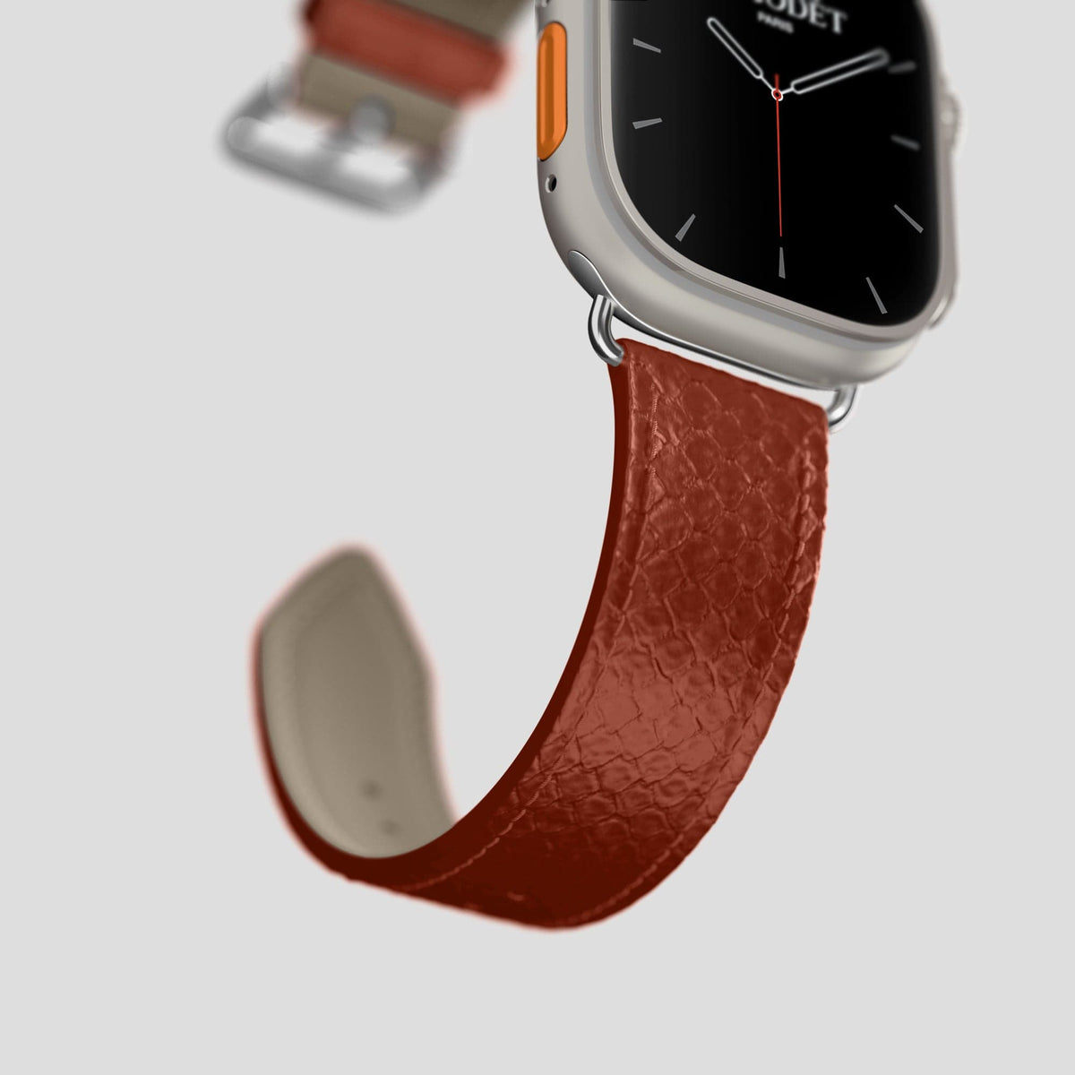 Medium-Brown Apple Watch 49mm Ultra Classic Strap In Python with Steel Metal -4 | Medium-Brown-Steel