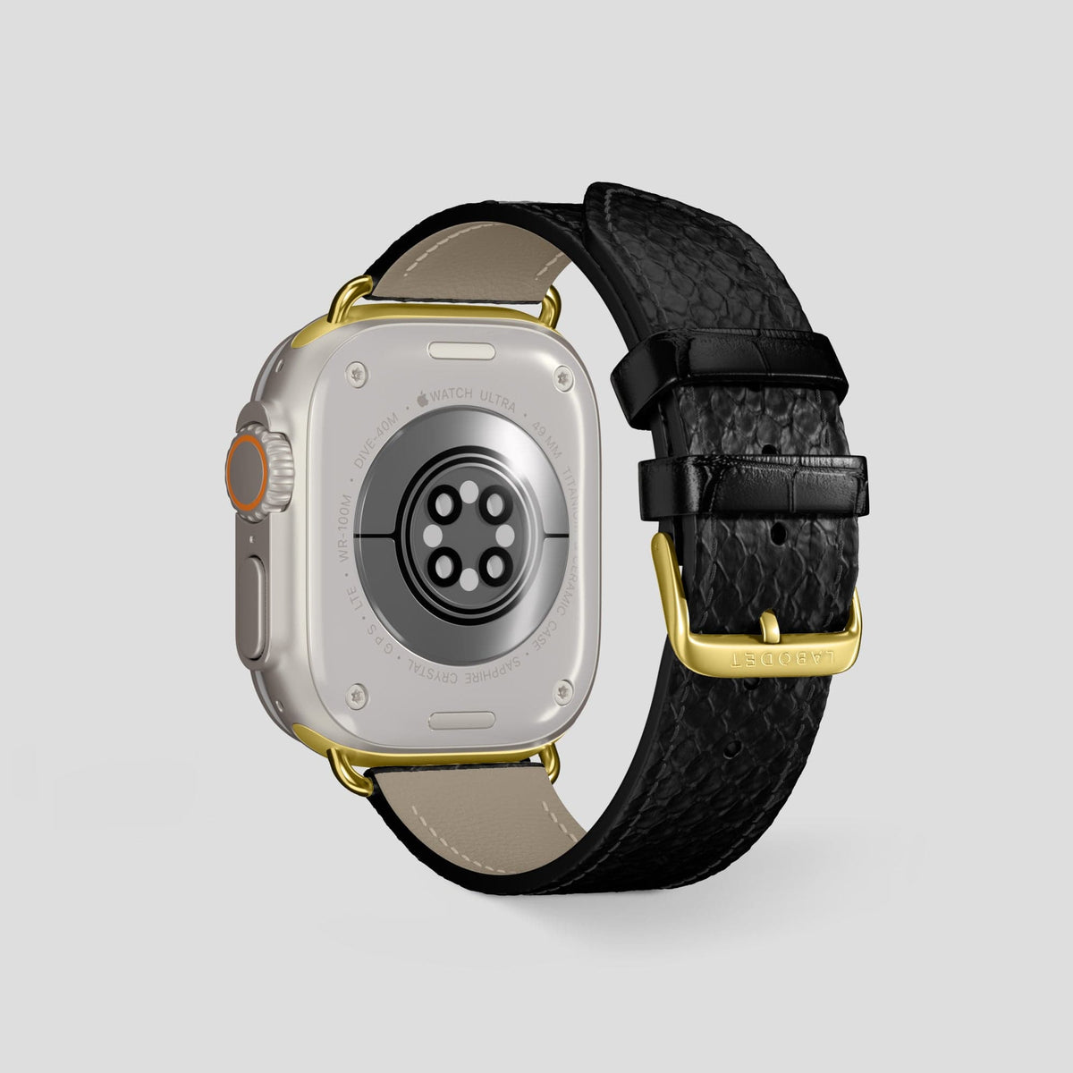 Black Apple Watch 49mm Ultra Classic Strap In Python with Gold Metal -2 | Black-Gold