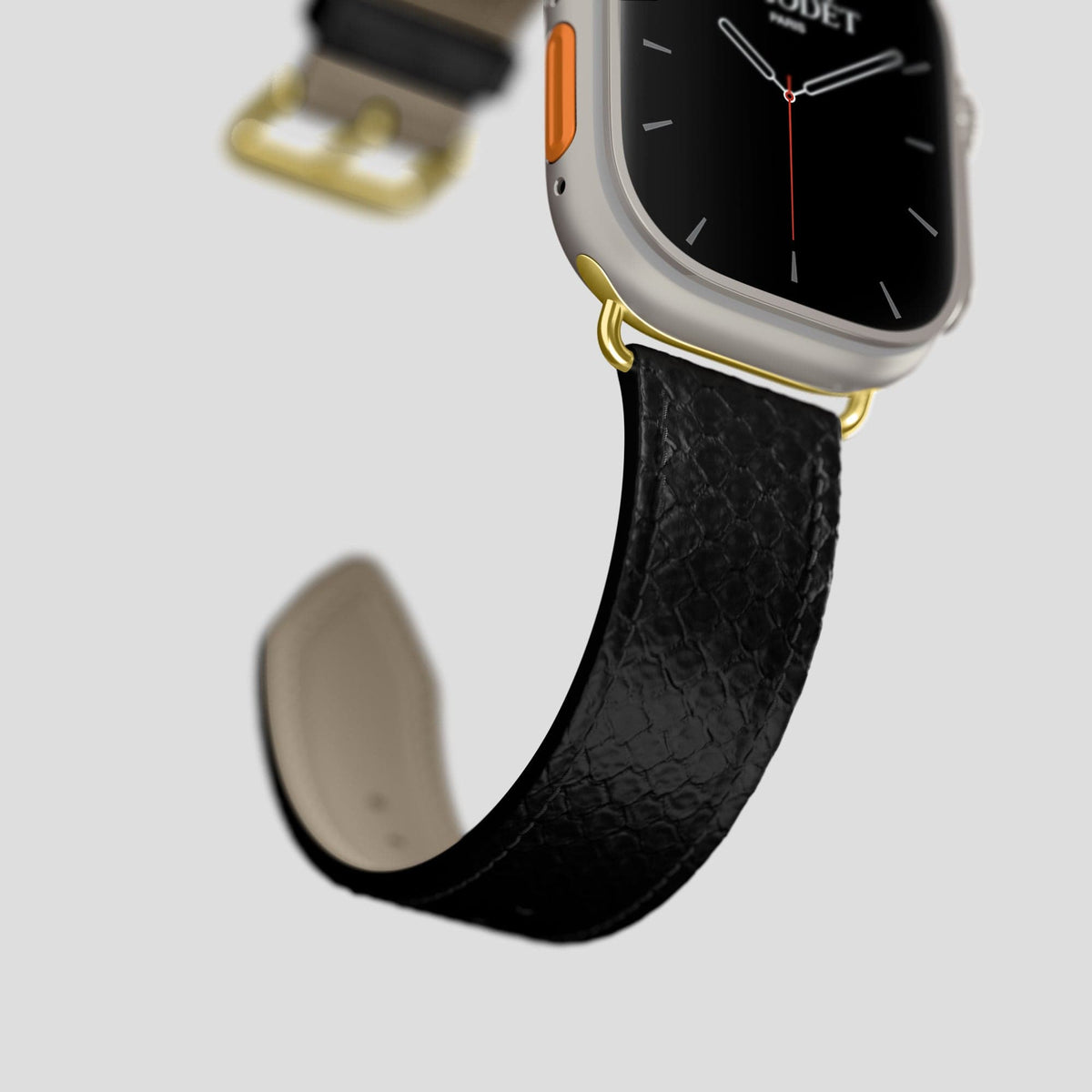 Black Apple Watch 49mm Ultra Classic Strap In Python with Gold Metal -4 | Black-Gold
