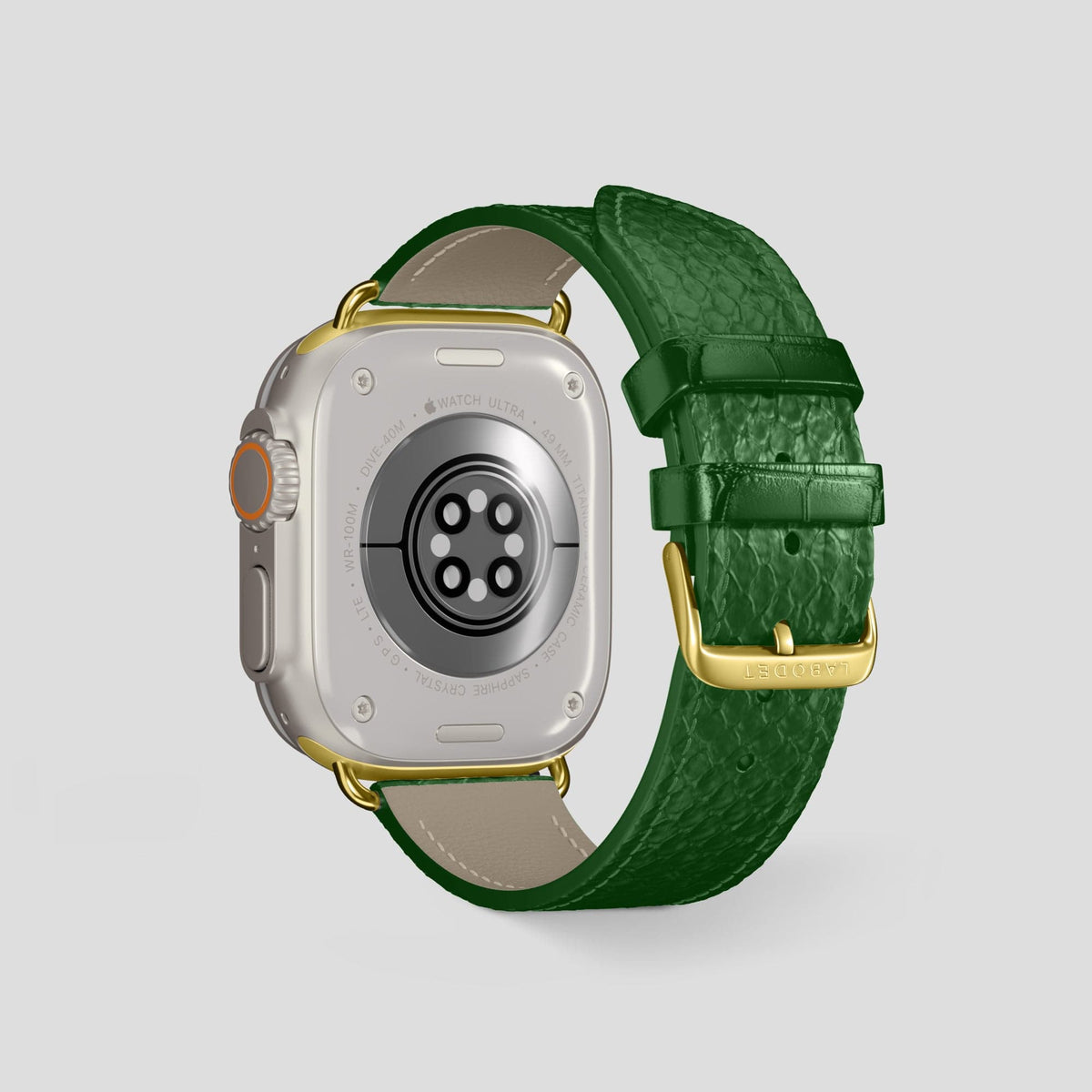 Green Apple Watch 49mm Ultra Classic Strap In Python with Gold Metal -2 | Green-Gold