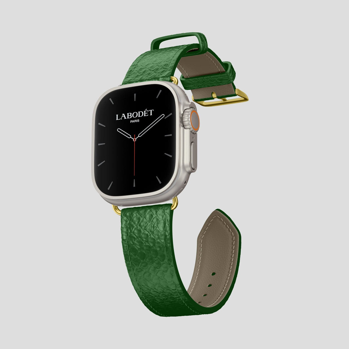 Green Apple Watch 49mm Ultra Classic Strap In Python with Gold Metal -3 | Green-Gold
