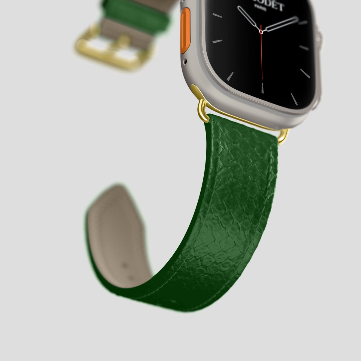 Green Apple Watch 49mm Ultra Classic Strap In Python with Gold Metal -4 | Green-Gold
