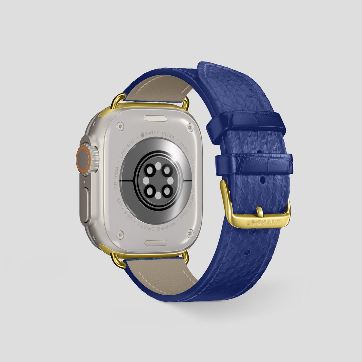 Royal Blue Apple Watch 49mm Ultra Classic Strap In Python with Gold Metal -2 | Royal-Blue-Gold