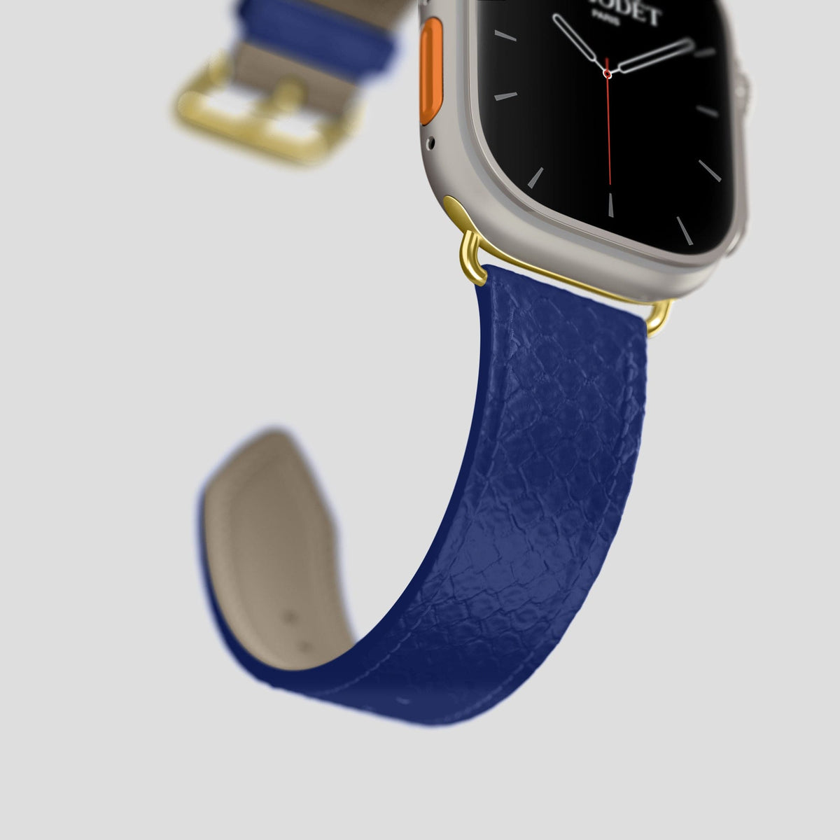 Royal Blue Apple Watch 49mm Ultra Classic Strap In Python with Gold Metal -4 | Royal-Blue-Gold