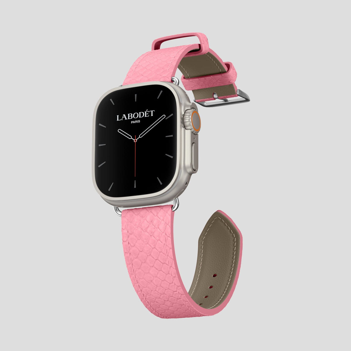 Pink Apple Watch 49mm Ultra Classic Strap In Python with Steel Metal -3 | Pink-Steel