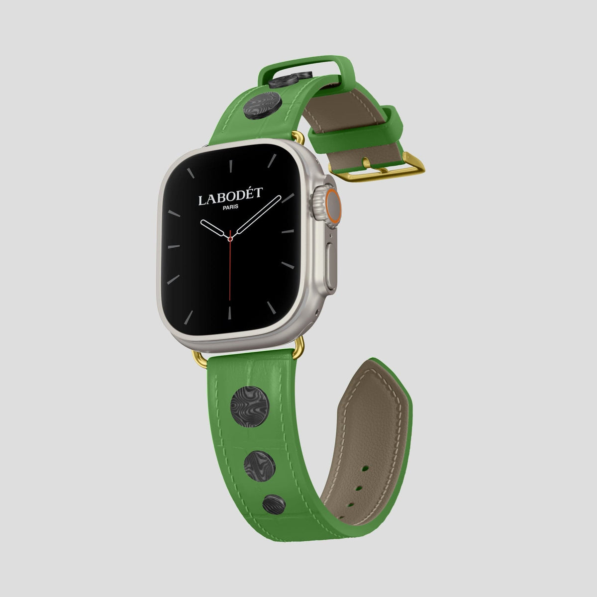 Apple-Green Apple Watch Ultra Classic Strap with Carbon Circlet Alligator with Gold Metal -1 | Apple-Green-Gold