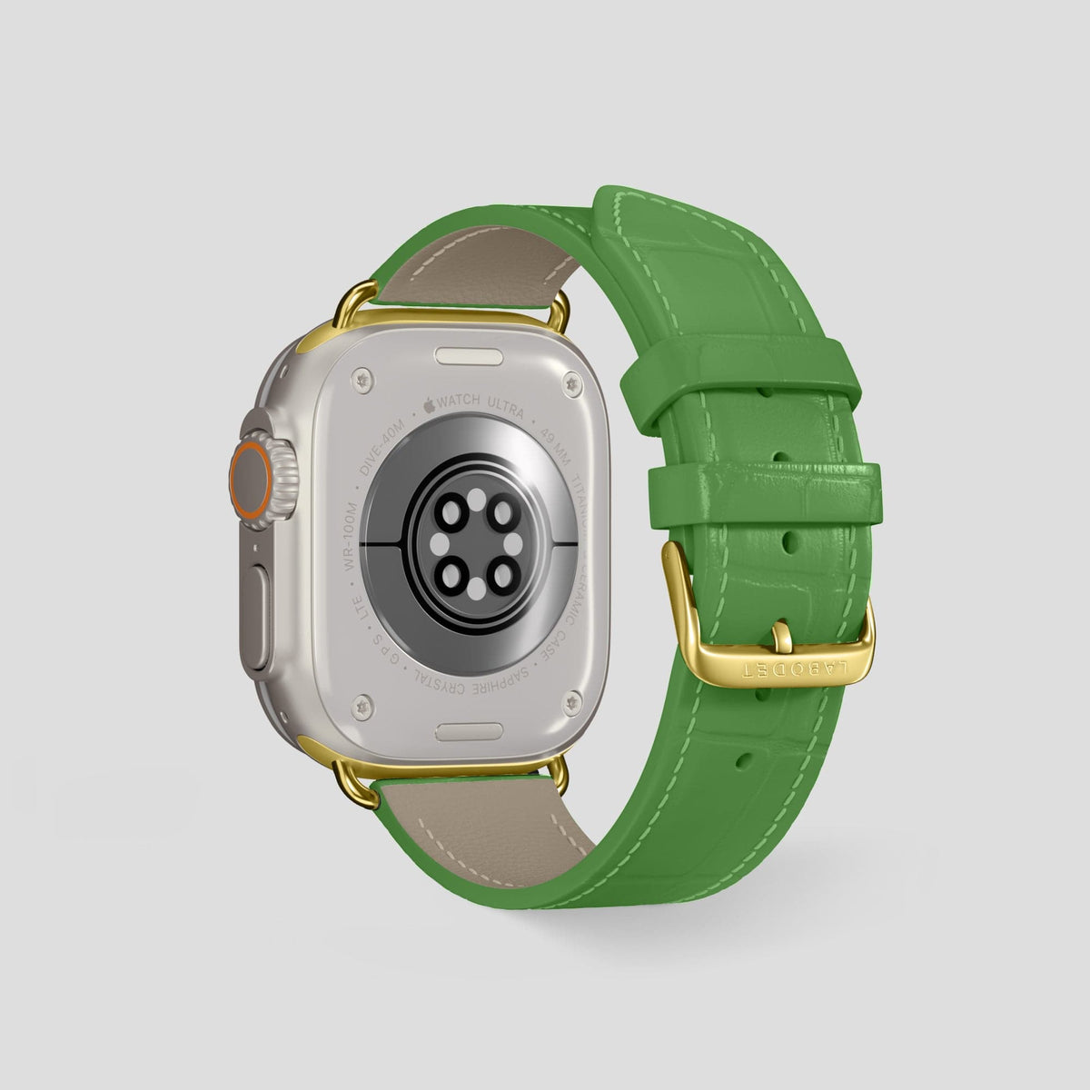 Apple-Green Apple Watch Ultra Classic Strap with Carbon Circlet Alligator with Gold Metal -3 | Apple-Green-Gold