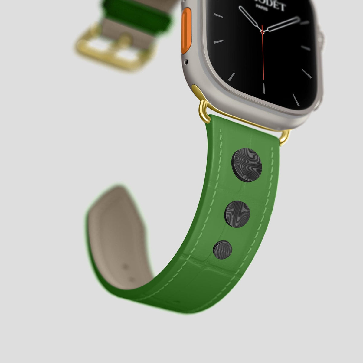 Apple-Green Apple Watch Ultra Classic Strap with Carbon Circlet Alligator with Gold Metal -4 | Apple-Green-Gold